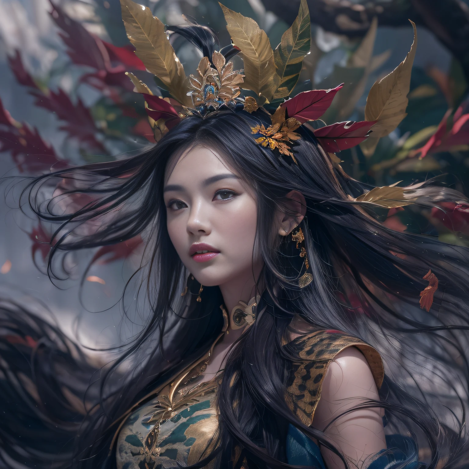 32K（tmasterpiece，k hd，hyper HD，32K）Long flowing black hair，Yellowstone，Tongzhou girl ，Back-indigo gourd（realisticlying：1.4），Flame python pattern robe，Bright purple-pink tiara，The leaves flutter，The canyon background is pure，Hold your head high，Be proud，The nostrils look at people，Bagua Boxing，Taiji Sword，In martial arts practice，jumpping， A high resolution， the detail，autumnal， RAW photogr， Sharp Re， Nikon D850 Film Stock Photo by Jefferies Lee 4 Kodak Portra 400 Camera F1.6 shots, Rich colors, ultra-realistic vivid textures, Dramatic lighting, Unreal Engine Art Station Trend, cinestir 800，Hold your head high，Be proud，Proud，Long flowing black hair，Deleite para la vista，