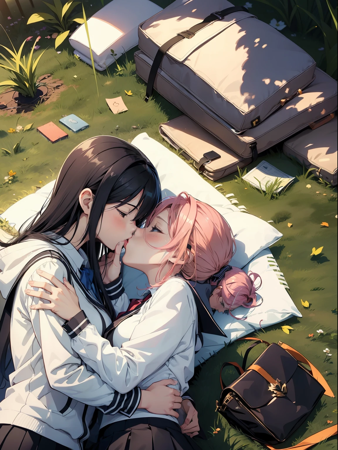 (Single image:1.5), Anime couple in school uniform, style of anime4 K, Anime wallpaper 4 k, anime wallpaper 8 K, 4K anime wallpaper, Anime art wallpaper 4 K, Anime art wallpaper 4k, 4k manga wallpapers, Gwaitz, Los Tran and Makoto Shinkai style artwork, female and female couples hugging each other, (Kiss:1.5), (school uniform:1.2), Capture the moment of exchanging kisses. The scene is depicted in an anime-inspired style, Every detail is meticulously drawn，And presented in 16K high resolution. The lighting is fantastic, with the sun softly illuminating the couple. The colors take advantage of the contrast between the vivid colors of the school uniform, Lying on the grass, In Park. For compositions, Use a medium telephoto lens，And make sure the couple is centered on the screen., At noon,