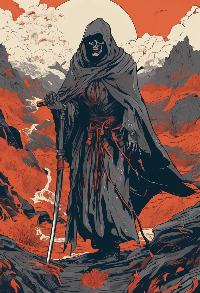 Reaper in,scyscraper,Taoist robes,cultivating immortals,water ink,High hills,self-assured,Fairy wind road bone,Blood flows in the background