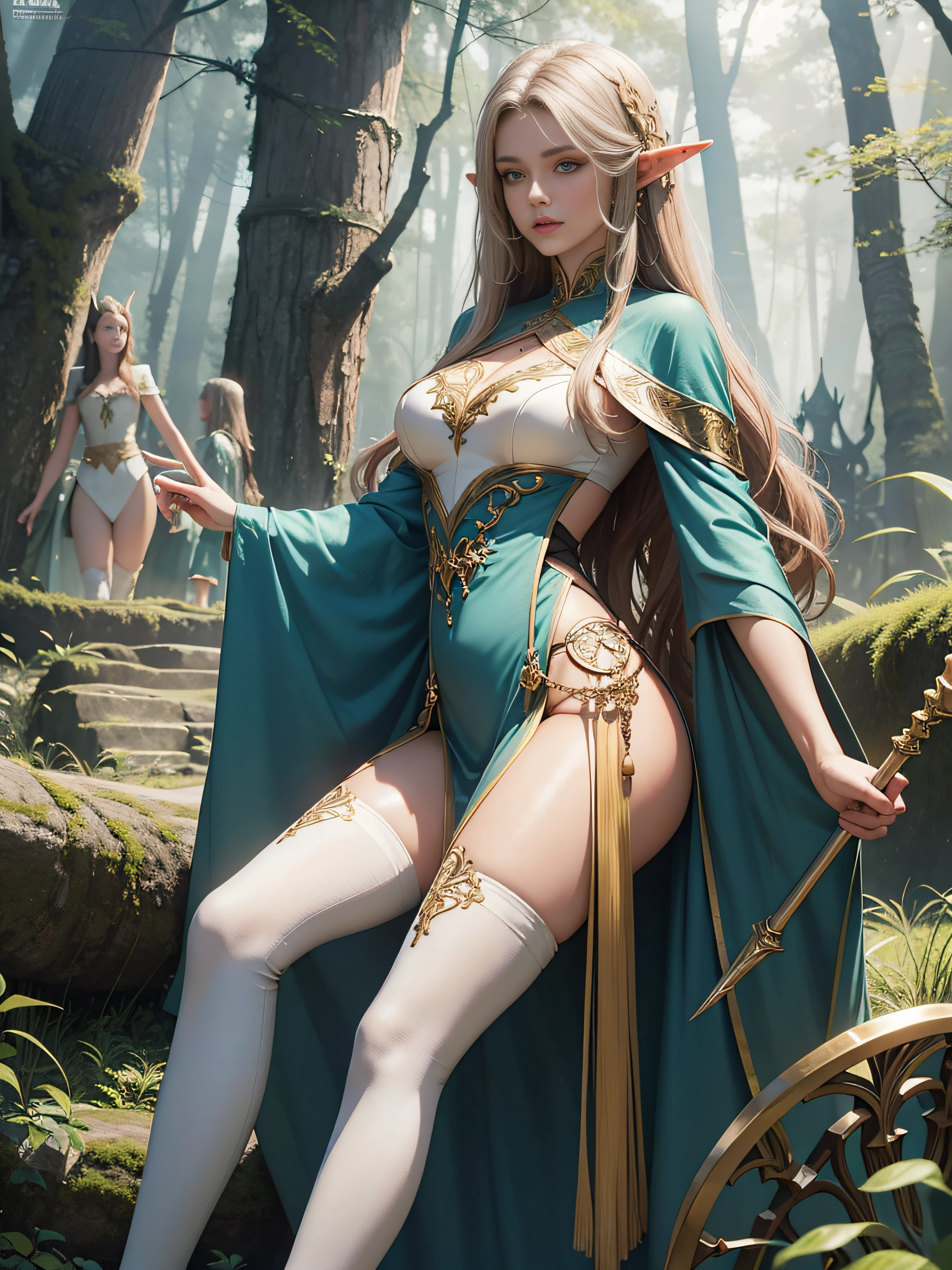 tmasterpiece,A high resolution,Absolutely beautiful,Elven women,Mature atmosphere,a mature female,Fine and detailed eyes and detailed face,Tall and tall,Long stature,Tall,long leges、Long arms,It has elven pointed ears,Wear forest clothing,Show off the look of over-the-knee boots and over-the-knee socks,Rich scene detail,inside a forest,are standing,frontage,Wide buttocks,Thick legs,aethereal