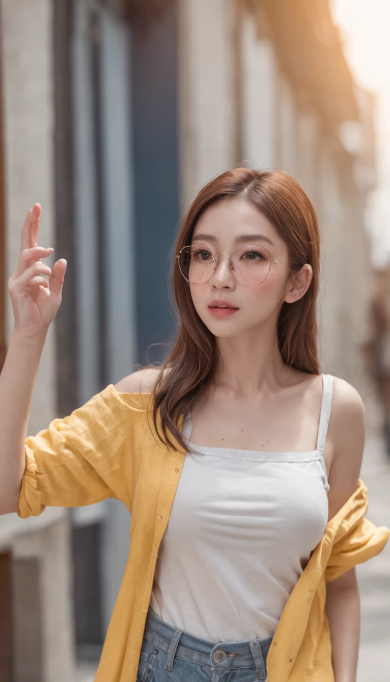 (cinematic angle: 1.2), street view,(1 Girl, Sunglasses, summer dress, Wear a yellow dust mask),(Best Quality, detailed details, Masterpiece, Official Art, movie lighting effects, 4k), a white T-shirt, Blue ripped jeans shorts, Gen Z photo pose