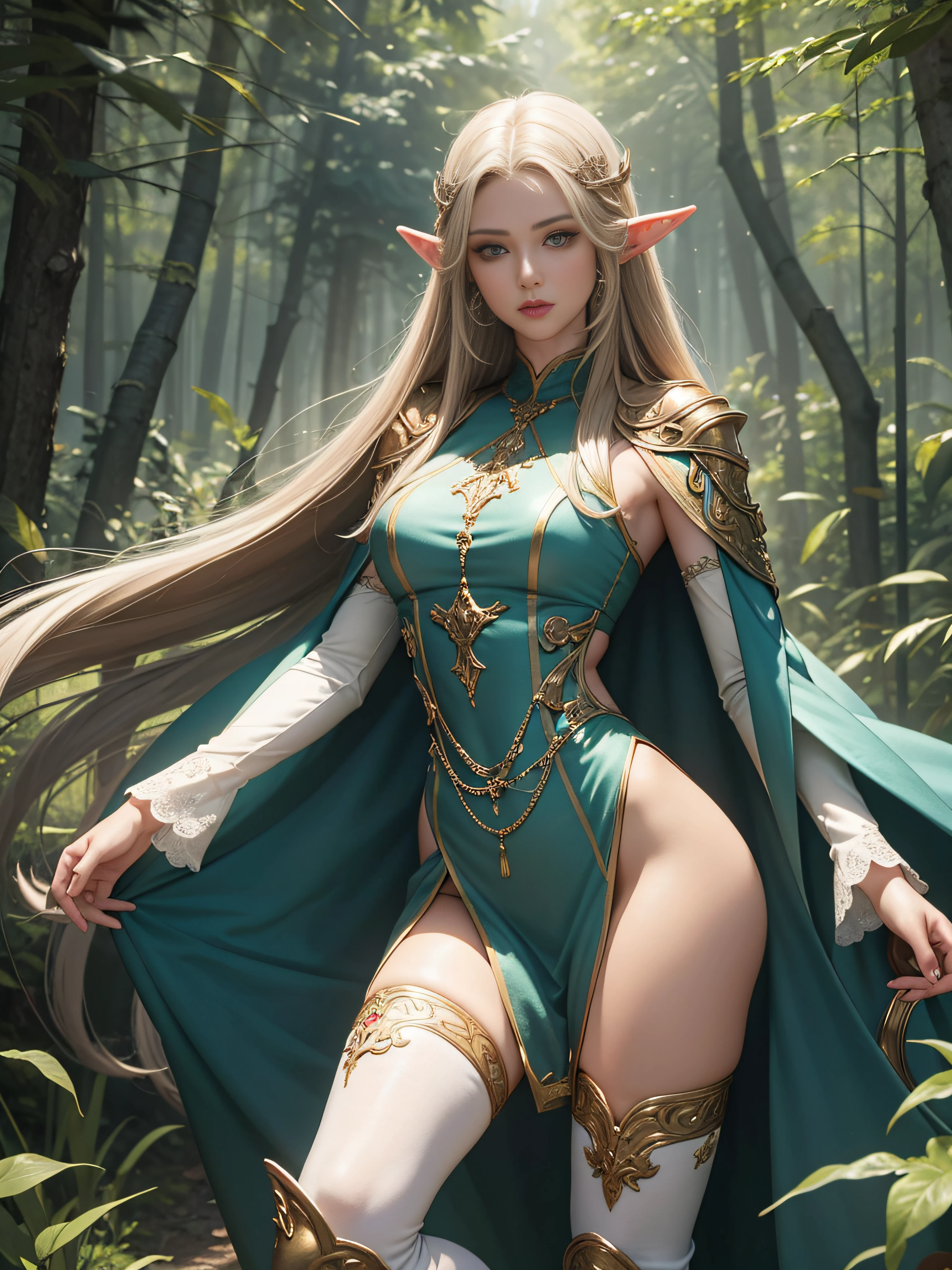 tmasterpiece,A high resolution,Absolutely beautiful,Elven women,Mature atmosphere,a mature female,Fine and detailed eyes and detailed face,Tall and tall,Long stature,Tall,long leges、Long arms,It has elven pointed ears,Wear forest clothing,Show off the look of over-the-knee boots and over-the-knee socks,Rich scene detail,inside a forest,are standing,frontage,Wide buttocks,Thick legs,aethereal