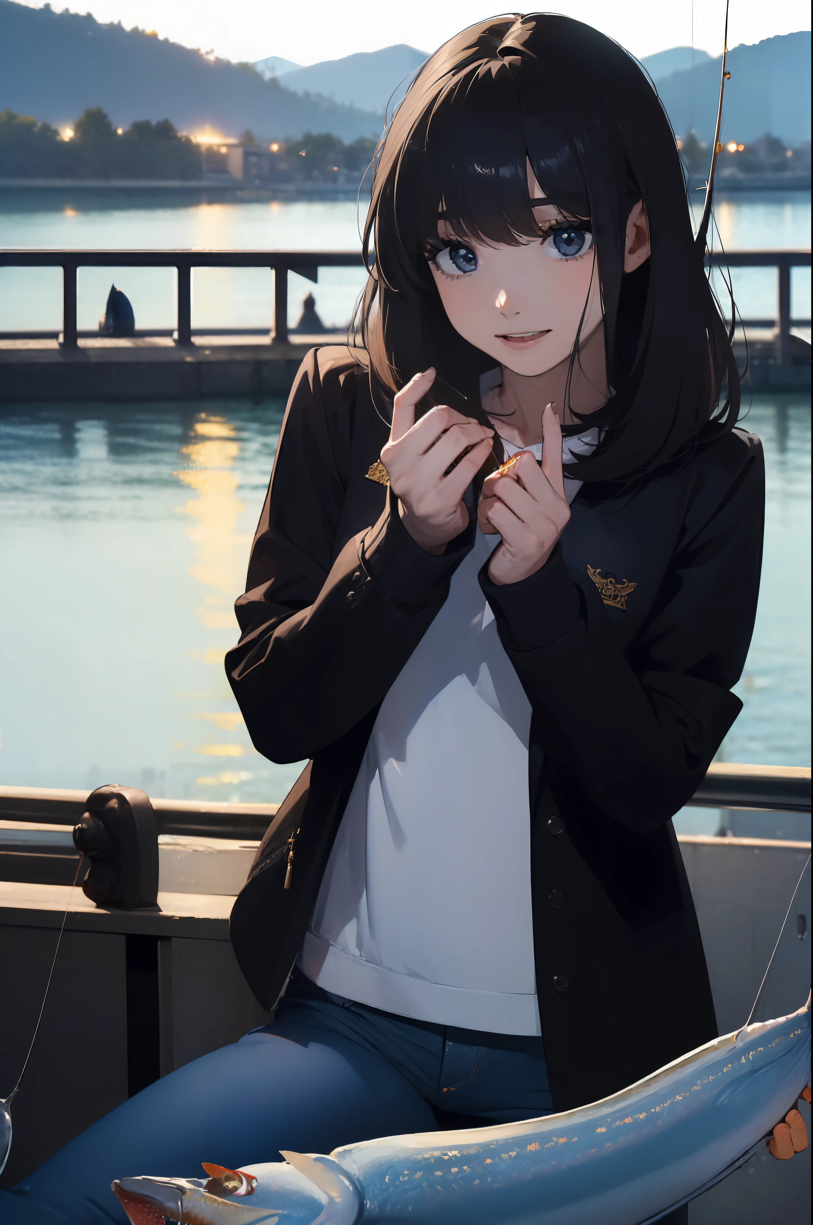 ((((Catching a fish by the lakeside:1.5)))),((Female 28 years old))((Best Quality:1.5)),(((Hands with the correct number and structure of fingers:1.4))),((Big fish:1.37)),hight resolution,ultra-detailliert,masterpiece,best qualtiy,Eight-headed body,Black hair, long eyeslashes, Solid Circle Eyes, drop shadow, Atmospheric perspective,Super Detail, ccurate, small brest,(Black jacket and jeans :1.1),top-quality, blurry backround, bokeh dof:1.2, (masterpiece:1.3), Atmospheric perspective,Super Detail,dynamic compositions,top-quality、masterpiece、Very beautiful CG、finely detail、masterpiece
