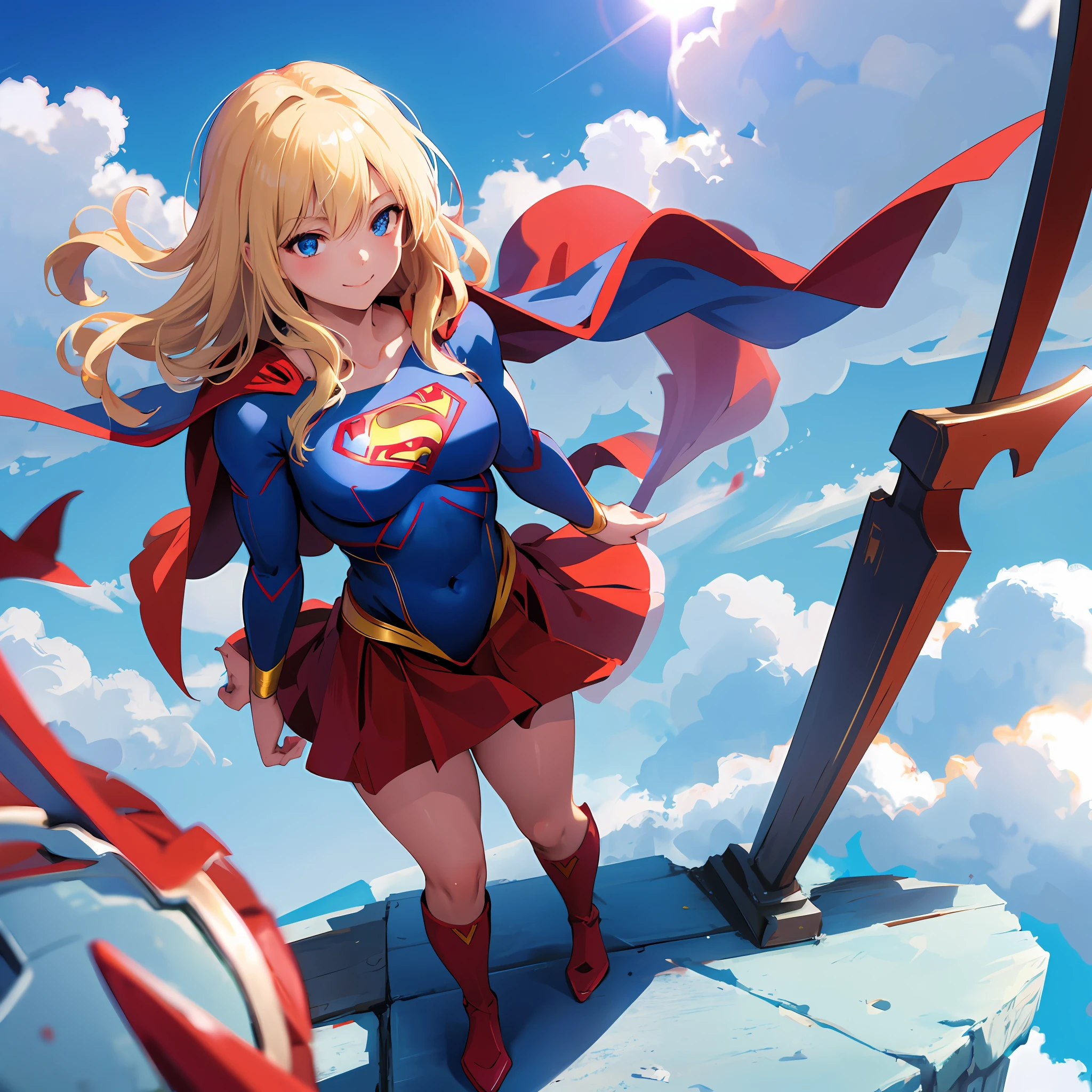 masterpiece, 4k, 8k, high quality, highly detailed, detailed face, HDR, vivid colors, natural lighting, Best Shadows, Shallow Depth of Field, Portrait of (Supergirl:1.1) standing on a rooftop, smiling, red skirt, red cape, red boots with heels, delicate, alluring blue eyes, lovely medium breasts, blonde, (Superman symbol on chest:1.2), bare legs, open navel, blue sky, sunlight, clouds, sun, bloom,