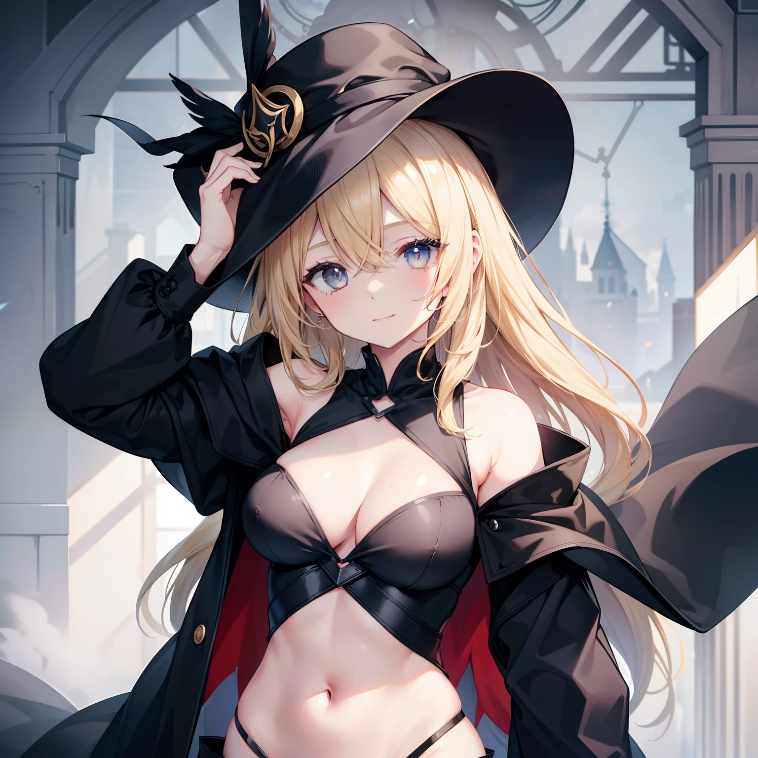 1girl, solo, perfect bodies、Masterpiece、Golden hair、length hair、large full breasts、Clothes that stick to your body、Black clothe、black cloak、Hanging、Poor eye、Sanpaku eyes、Big eyes、Beautiful eyes、Lustrous skin、hotpants、Navel、Shoulder out、Lack of sleeves、battle garments、Dynamism、Cinematic angle of view、a smile、Black hat、commander、