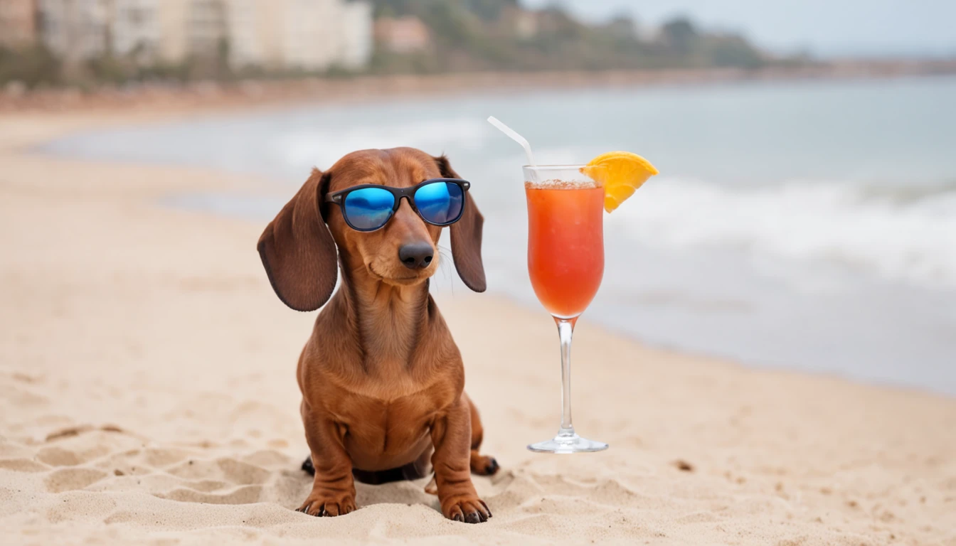 Dachshund with sunglasses drinking cocktail, on the beach, photo