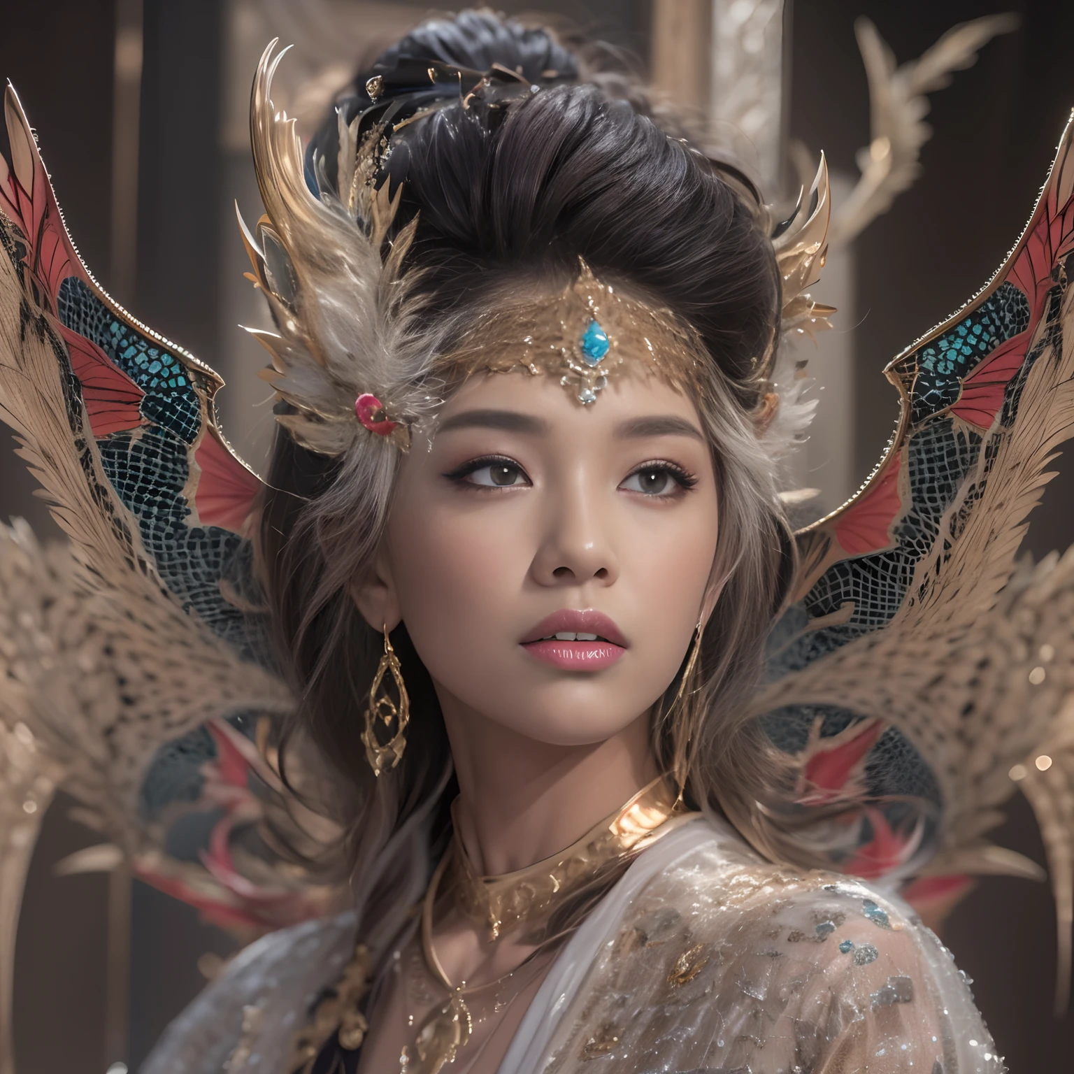 16k(tmasterpiece,k hd,hyper HD,16k)short detailed hair,Gold jewelry area in the back room,Smoke ring girl ,Bronze Dragon Protector (realisticlying:1.4),Python pattern robe,Purple-pink tiara,Snowflakes fluttering,The background is pure,Hold your head high,Be proud,The nostrils look at people, A high resolution, the detail, RAW photogr, Sharp Re, Nikon D850 Film Stock Photo by Jefferies Lee 4 Kodak Portra 400 Camera F1.6 shots, Rich colors, ultra-realistic vivid textures, Dramatic lighting, Unreal Engine Art Station Trend, cinestir 800,Hold your head high,Be proud,The nostrils look at people