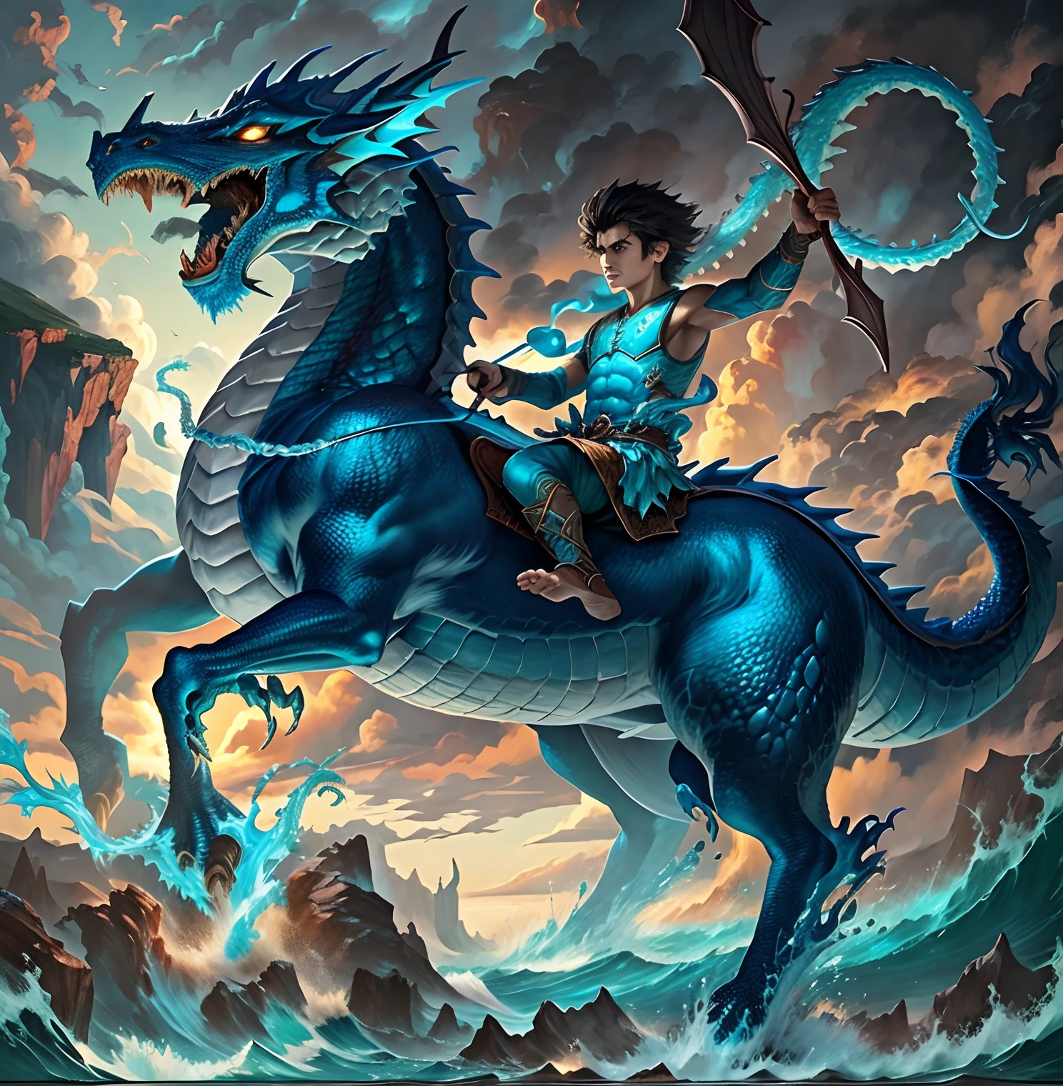 Close-up of a boy riding a blue dragon on the waves.., Dragon Rider,evening, epic fantasy digital art style, Dragon Ride, epic fantasy art style, digital painting greek mythology, Epic Fantasy Illustration, Rob Ray, Joe Biden rides a dragon, Digital Fantasy Illustration, detailed digital 2d fantasy art, epic fantasy style art, Jesus rides a dragon, epic fantasy art style hd