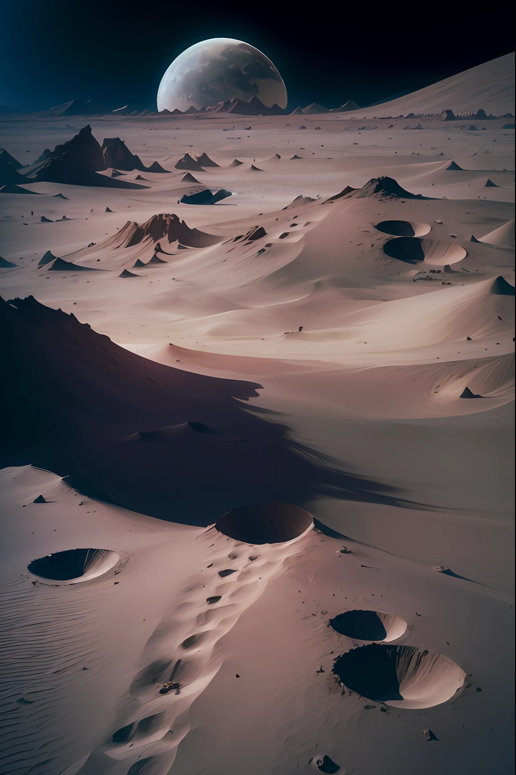 Aalfid landscape of the desert,There is a moon in the distance, amazing alien landscape, tilt shift desert background, an alien landscape view, an alien landscape, Beautiful alien landscape, stunning alien landscape, Alien desert, Desert Alien Planet, somewhere in sands of the desert, Planet surface, On the surface of Mars, low details. Digital painting, mars landscape, desert dunes
