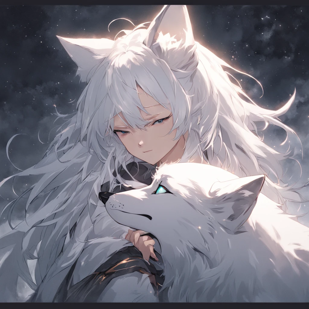 Anime character with white hair and white wolf before the full moon, fantasy fox love, White-haired fox, white fox anime, Anime fantasy illustration, White fox, art of silverfox,Best quality, Masterpiece, 超高分辨率, (photograph realistic:1.4), ultra-realistic realism, Dream-like,fusionart, Shadowdancer, shadow magic, darkness control, stealth, shadowstep, umbral spells,