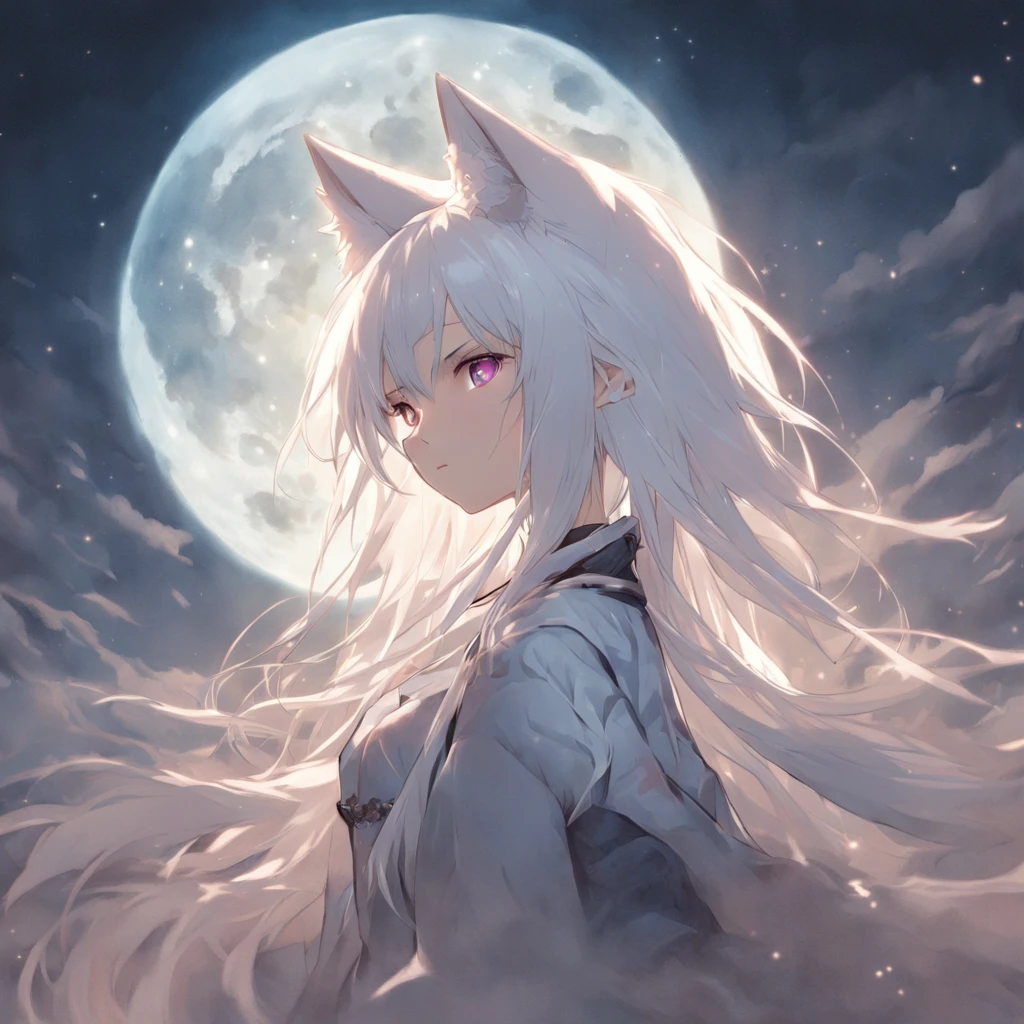 Anime character with white hair and white wolf before the full moon, fantasy fox love, White-haired fox, white fox anime, Anime fantasy illustration, White fox, art of silverfox,Best quality, Masterpiece, 超高分辨率, (photograph realistic:1.4), ultra-realistic realism, Dream-like,fusionart, Shadowdancer, shadow magic, darkness control, stealth, shadowstep, umbral spells,