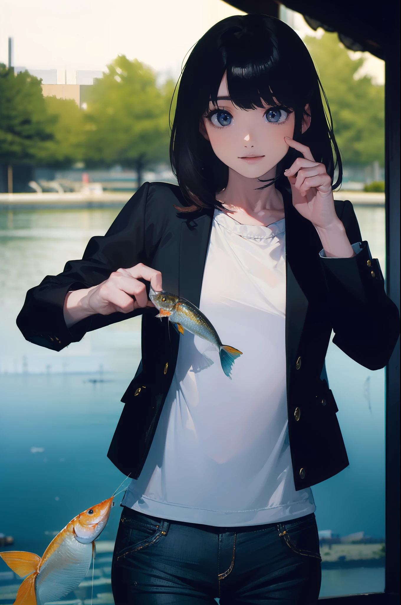 ((((Catching a fish by the lakeside:1.5)))),((Female 28 years old))((Best Quality:1.5)),(((Hands with the correct number and structure of fingers:1.4))),((Big fish:1.37)),hight resolution,ultra-detailliert,​masterpiece,best qualtiy,Eight-headed body,Black hair, long eyeslashes, Solid Circle Eyes, drop shadow, Atmospheric perspective,Super Detail, ccurate, small brest,(Black jacket and jeans :1.1),top-quality, blurry backround, bokeh dof:1.2, (​masterpiece:1.3),  Atmospheric perspective,Super Detail,dynamic compositions,top-quality、​masterpiece、Very beautiful CG、finely detail、​masterpiece