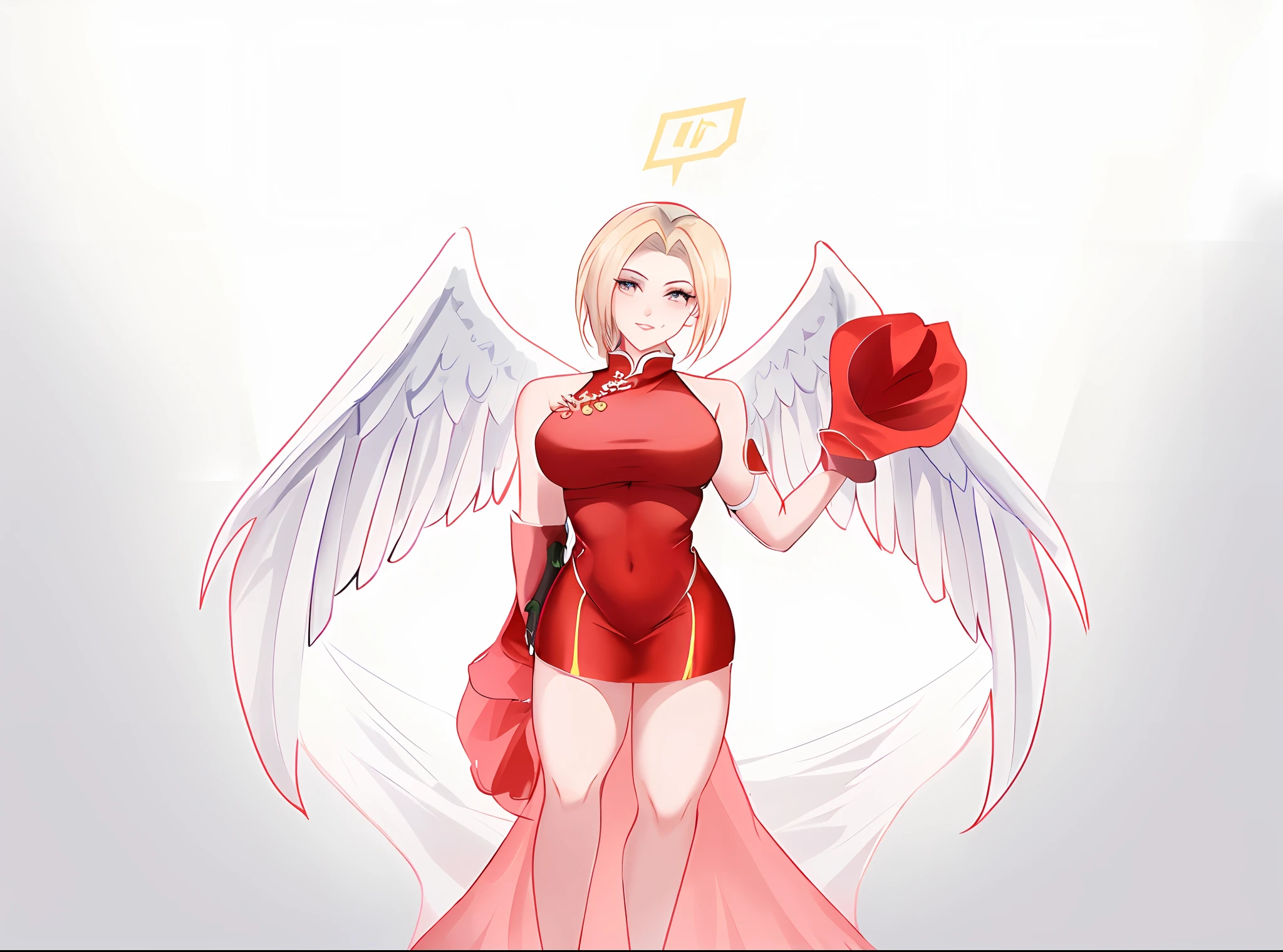 mulher loira, de descendencia inglesa, de roupa estilo oriental preto chines, xianxia de corpo inteiro, asas brancas angelicais, decote, expressao nervosa, peitos grandes, bunda grande, estilo cartoon,njo majestoso de corpo inteiro, tall female angel, design de roupa clara, Mercy do jogo Overwatch (2016), Xianxia de corpo inteiro, imagem de corpo inteiro, Full body there is a woman in a dress with wings on a catwalk, Anjo majestoso de corpo inteiro,