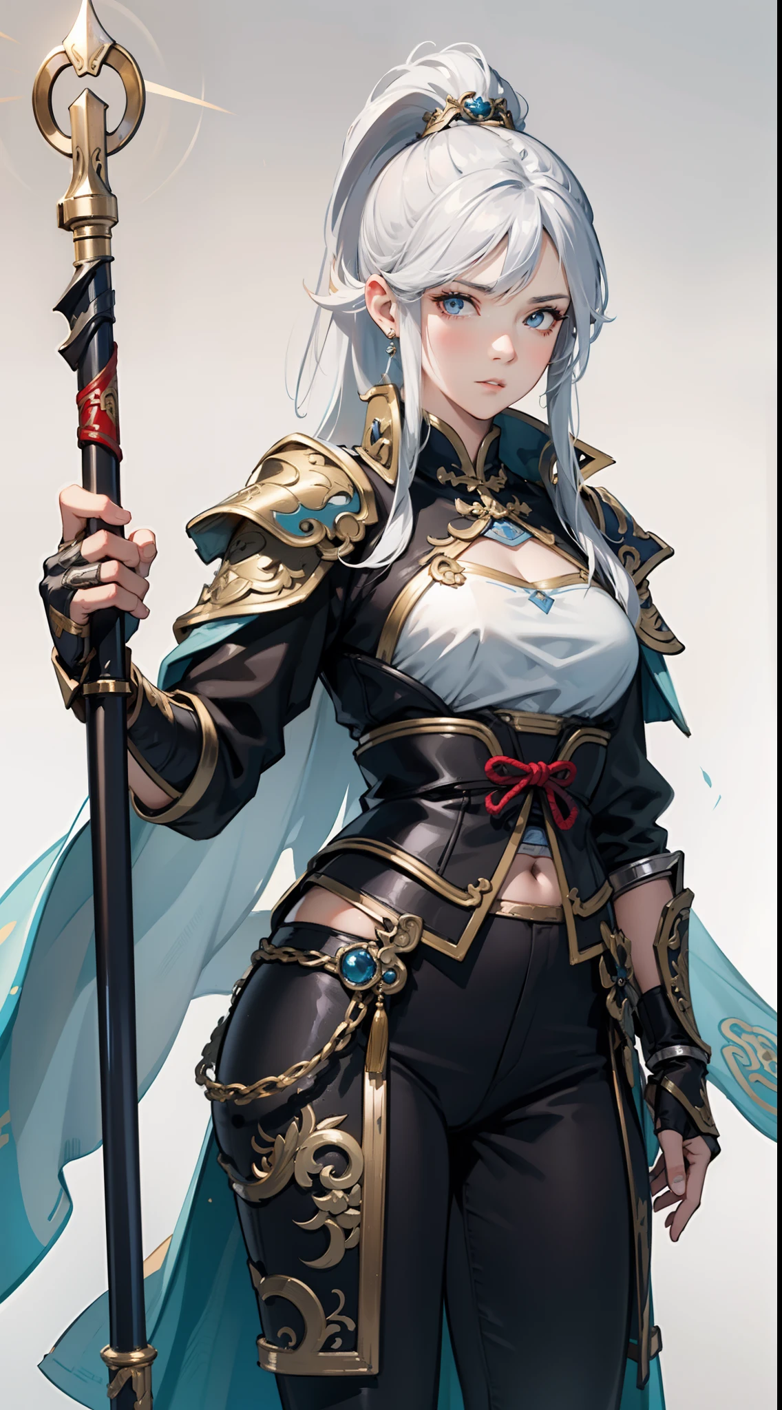 1girl, Chinese style, Zhao Yun, Silver-white Chinese armor, Silver-white Chinese helmet, Pike, hand-held weapons, Look at the screen, White cape, blue clothes, Black pants, white hair, serious, Verism, cinematic lighting, ray tracing, reference sheet, high detail, Conceptual art, UHD, masterpiece, ccurate, anatomically correct, high details, high quality, highres, best quality, award winning, 8k, award winning