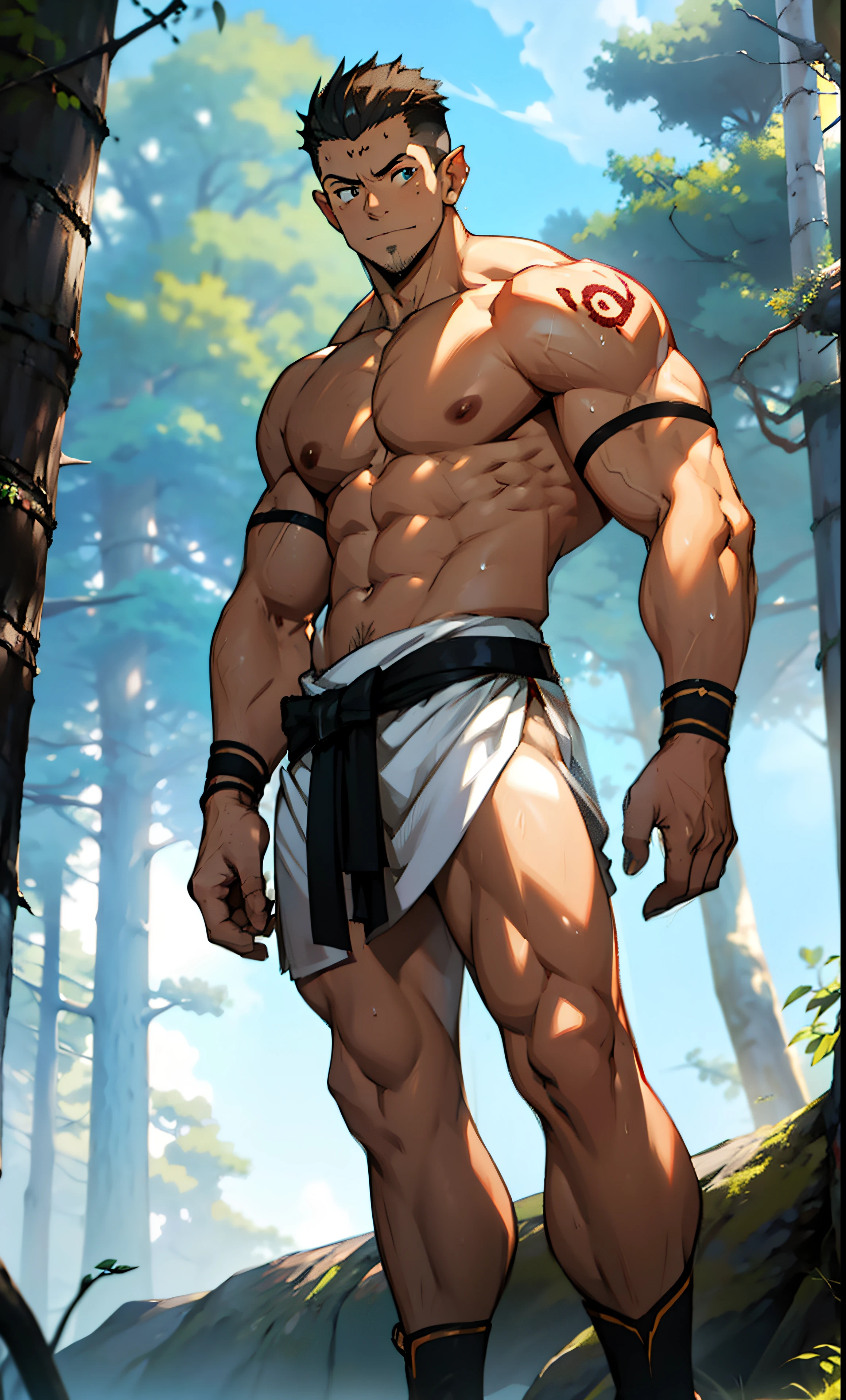 (photo corner up) (highest quality image) elf boy ,royal, young, teen, wearing triangular loincloths, anime image, standing, legs closed, cute baby face  cute, young and cute face, undercut hair, huge muscular chest muscles, big strong thighs, strong hamstrings, sinewy biceps muscles, huge body, well developed muscles, muscles  clear, sinewy 8-pack abdomen, topless, ruddy white skin, super shiny skin, dripping sweat, hands in pockets, bare feet, no beard