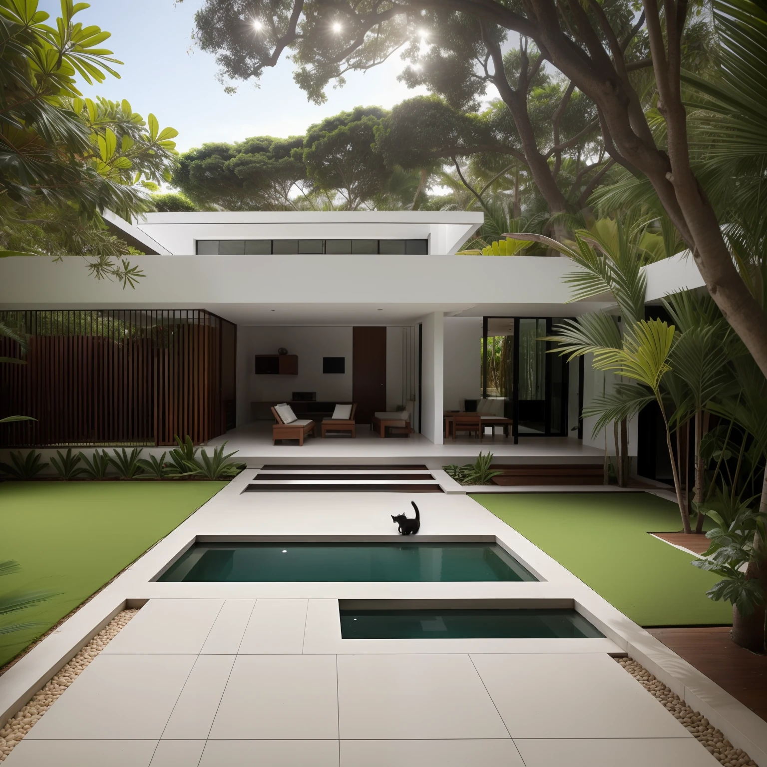 Imagem bonita: casa de campo, contemporary architecture, aos fundos uma floresta, jardins de palmeiras, Two cats at the water fountain, sidewalk in interlock, carro novo. Arquitetura minimalista
