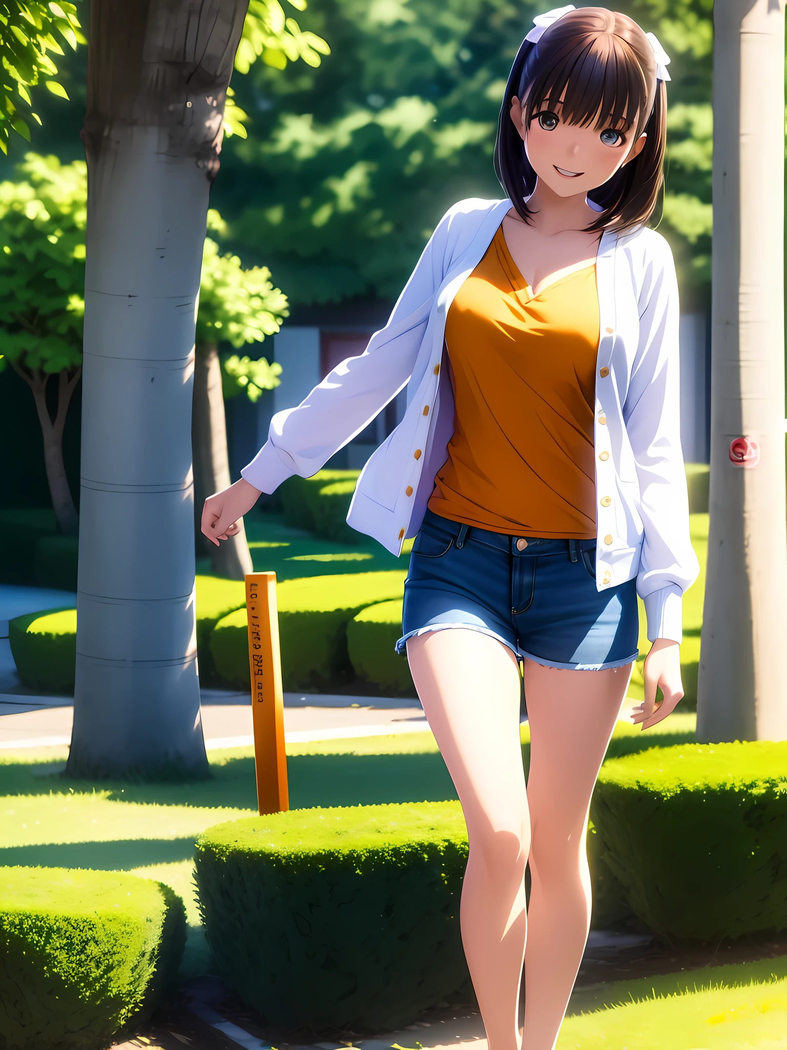 hight resolution,8K,Best Quality,detaileds,semi - realistic anime,Anime 3D Style,Smooth Anime CG,1 girl in,18-year-old woman in Japan,slim,modeled,shiny chestnut hair,Medium Hair,Detailed face,Beautiful and detailed eyes,glistning skin,((Orange Camisole)),((White cardigan)),((Blue shorts)),Smile with open mouth,randome pose,Summer Park,Clear blue sky,Background blur,The wind is blowing,