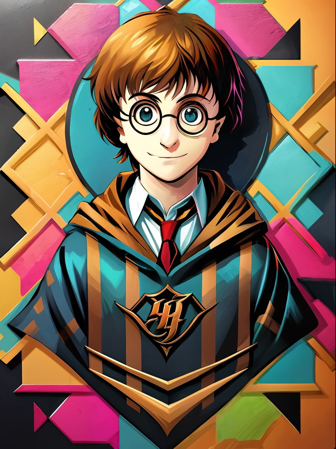(Harry Potter  PLACA DETALHADA 9/34 32k qualidade), (obra-prima), (Ultra Detalhado), (altamente detalhado), (extremamente detalhado), Centrado, isometric, mural, grafite, compositing, Forms, patterns, print-ready vector art Highly detailed graffiti illustration