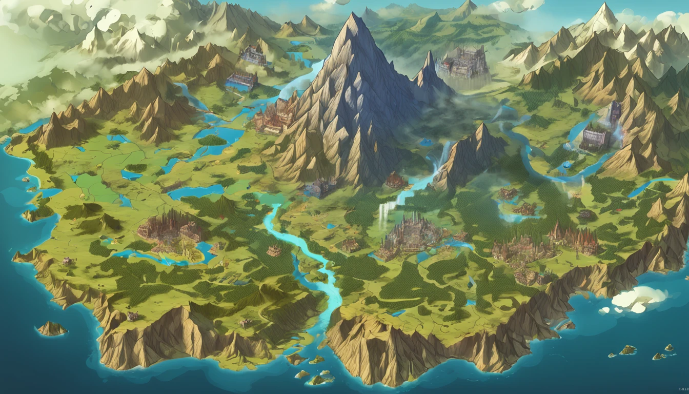 The continent is divided into 5，game map, Hyrule, Ancient Fantasy Regional Map, Highly detailed map,Detailed Map, Height Map，world map、Isekai Map、Map of the Kingdom、Otherworldly Adventure、mountains and rivers、K HD、meticulous、Ground View、Spread up，Pixel art