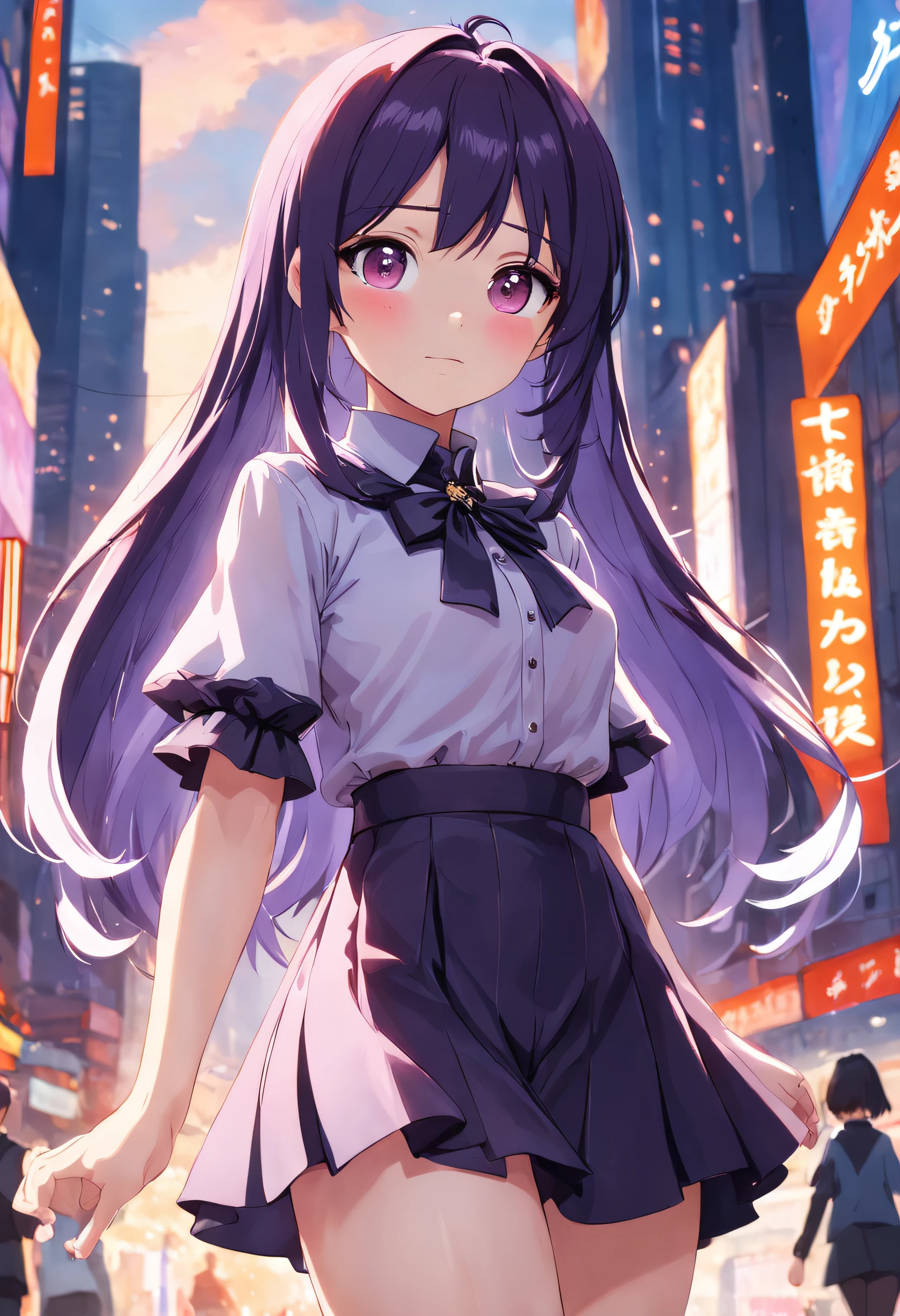 alto detalhe,alta qualidade,A high resolution,Personalidade de Keqing, 1 girl, roupa social, camisa branca, terno preto, mini saia (preta), cabelo rabo de cavalo ((Roxo)), sorriso com dentes, bunda grande, peitos muito grande, corpo inteiro, escritorio