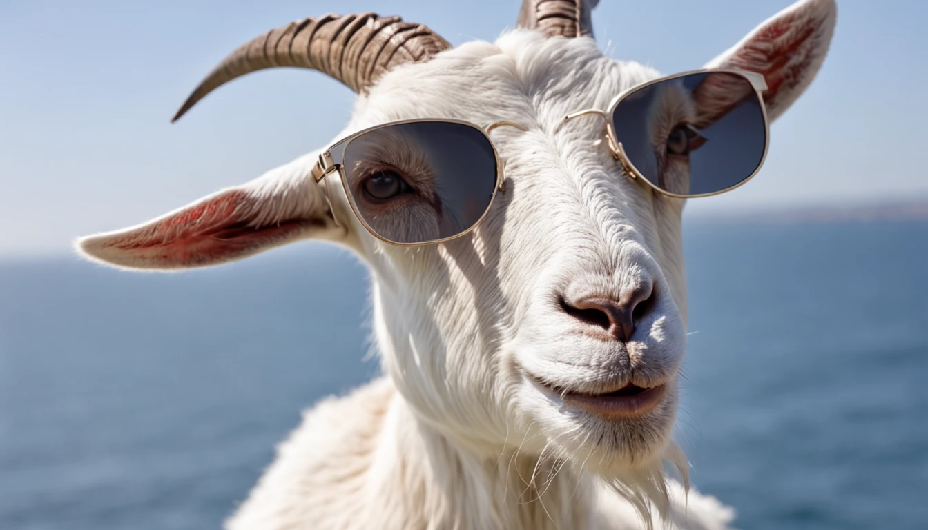 goat with sunglasses and a hat drinking cocktail, on thethe yacht , photo, summer, sea view