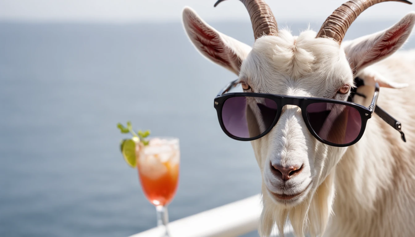 goat with sunglasses and a hat drinking cocktail, on thethe yacht , photo, summer, sea view