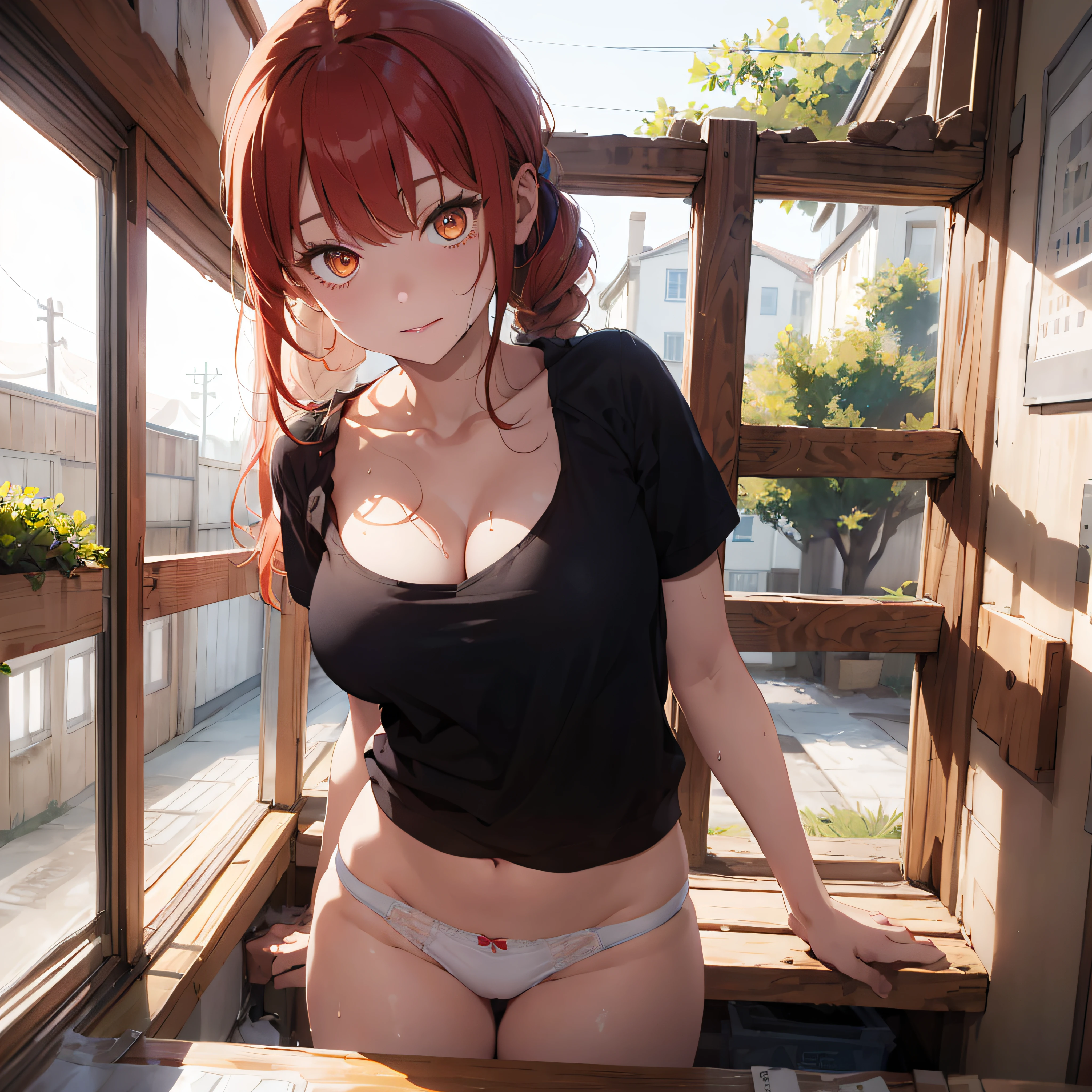 (masterpiece:1.2, best quality), (highly detailed:1.3), 1girl in bedroom, 25yo, busty, white panties, taking off panties, undressing, morning, sunlight, best shadows, best lighting, leaning forward, nipple, extended downblouse, panty drop, panties drop, panty pull, red hair, golden eyes, hot, wet, sexies.