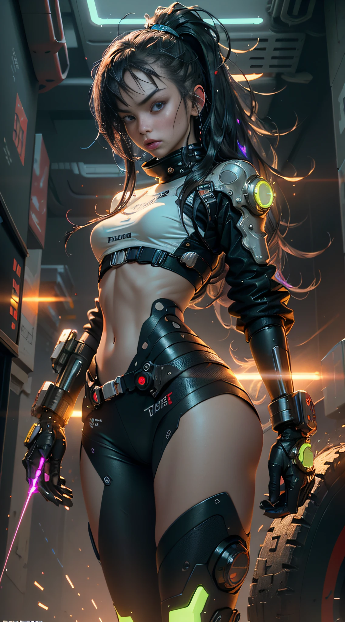 ((Best quality)), ((masterpiece)), (highly detailed:1.3), 3D, beautiful (cyberpunk:1.3) hacker woman with thick voluminous hair operating a computer terminal, nsfw