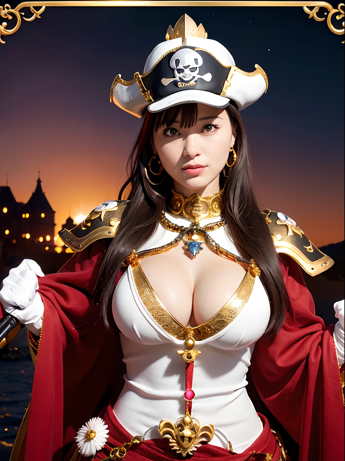 (masutepiece), Professional , ​masterpiece、top-quality、photos realistic ,  （Gemstone Silver Metal Body:1.９),(Matte White、（Put on a pirate hat）、Jewel Gold Weapon（Jewel Metal Body:1.４),Gorgeous metal weapons , Detailed Sword of the Brave , Beautiful knife   ,warhammer 40k , The port town、adepta sororitas,Detail and ornate jewel crown、Black hair、Gangle's forest background、Beautiful Caucasian beauty、１a person、dynamic ungle,(((Detailed and ornate diamond crown)))、Smaller head、A smile、Take a pose、Background inside the castle、Thin and beautiful female hands、cleavage of the breast、Soldier in iron armor on background、Man soldier in iron armor on background、Sea view、Pirate Ship、Woman or stand in the center、Lots of pirate ships、Luminescent particles,light scattering,Tindall Effect