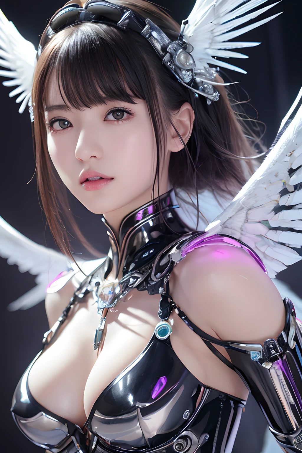 top-quality、masterpiece、超A high resolution、(Photorealsitic:1.4)、Raw photo、Mechanical Angel、large wings made of metal、White Latex Body、1人、Black hair、glowy skin、1 Mechanical Girl、((super realistic details))、portlate、globalillumination、Shadow、octan render、8K、ultrasharp、character edge light,Colossal tits、Raw skin is exposed in cleavage、Details of complex ornaments、Hydraulic cylinder、highly intricate detail、Realistic light、a purple eye、radiant eyes、Facing the camera、neon details、Mechanical limbs、blood vessels connected to tubes、Mechanical vertebrae attached to the back、mechanical cervical attaching to neck、cowboy shot、Futuristic headgear、Sumerian details、Small LED lamp、