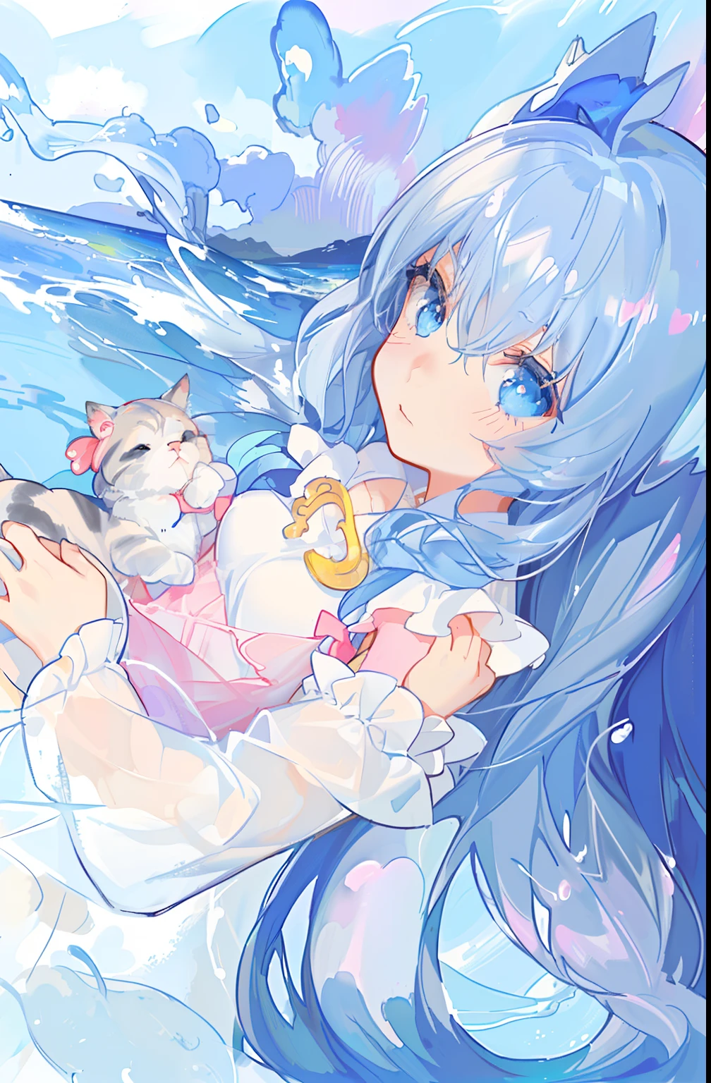 Anime girl with long blue hair lying on the ground with a cat, Splash art anime Loli, Soft anime illustration, Pisif Contest Champion, anime moe art style, wallpaper anime blue water, ethereal anime, water color nendoroid, nightcore, Pisif, small curvaceous loli, Loli, anime wallaper, blue watery eyes, water fairy