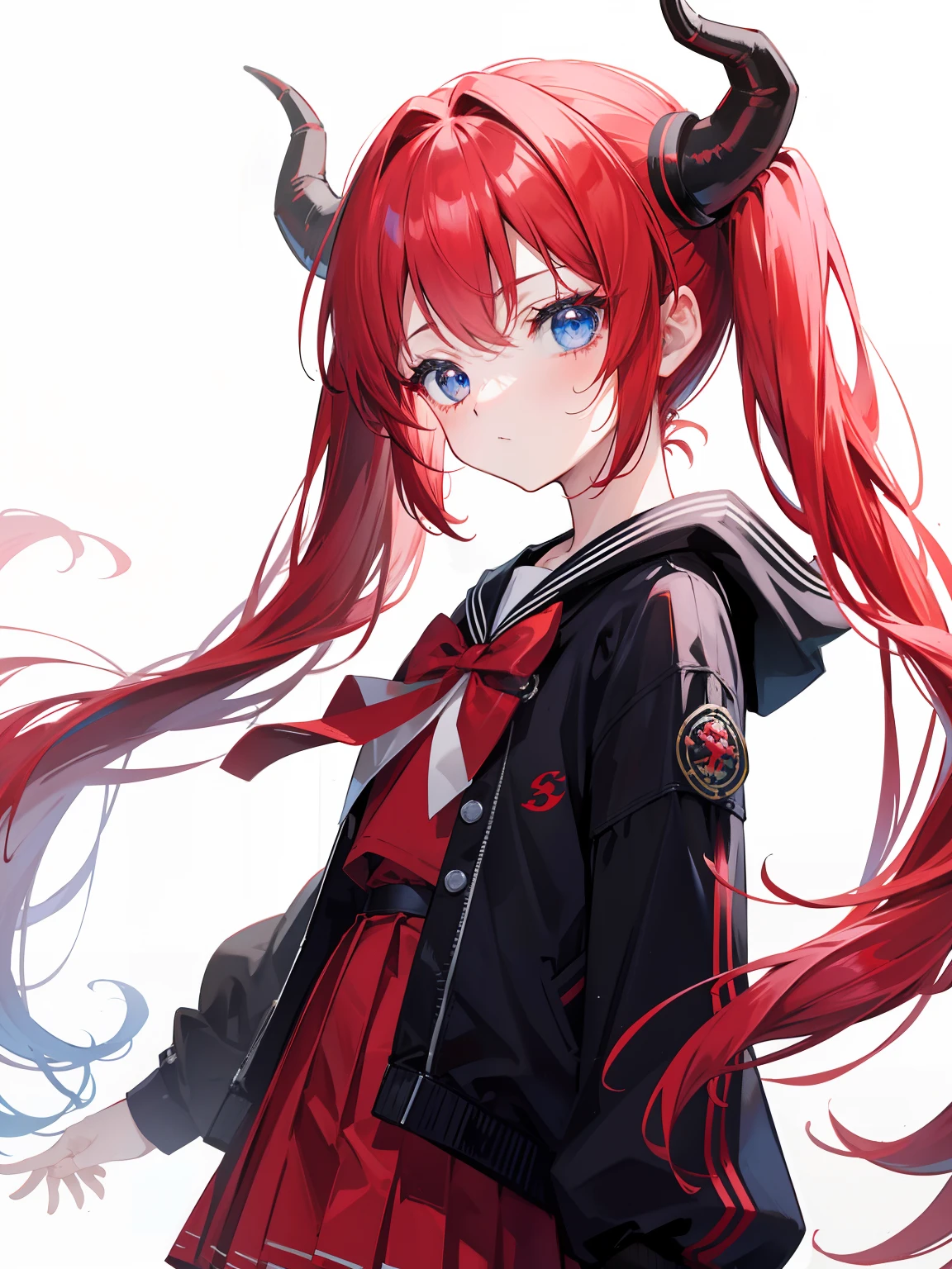 red hair, blue eyes, twintails, Sailor suit,black coat, Dragon horns,Pleated skirt,solo,loli,cute,bow