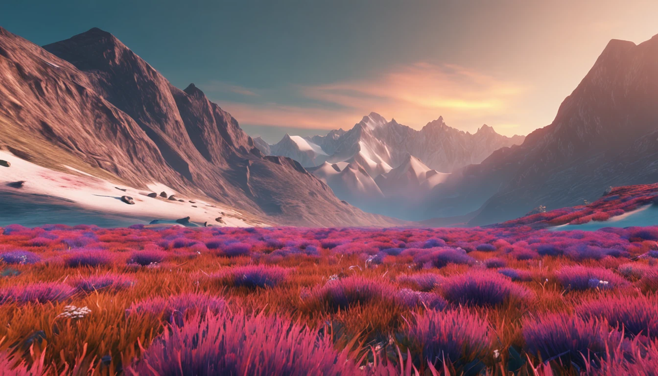 Vast grasslands, Colorful flowers, Clear lake, Quantity, sky, big clouds, blue-sky, hot weather, HD detail, Hyper Detail, Cinematics, hyperrealism, Soft light, deep field focus bokeh, The distant landscape is snow-capped mountains, --v6