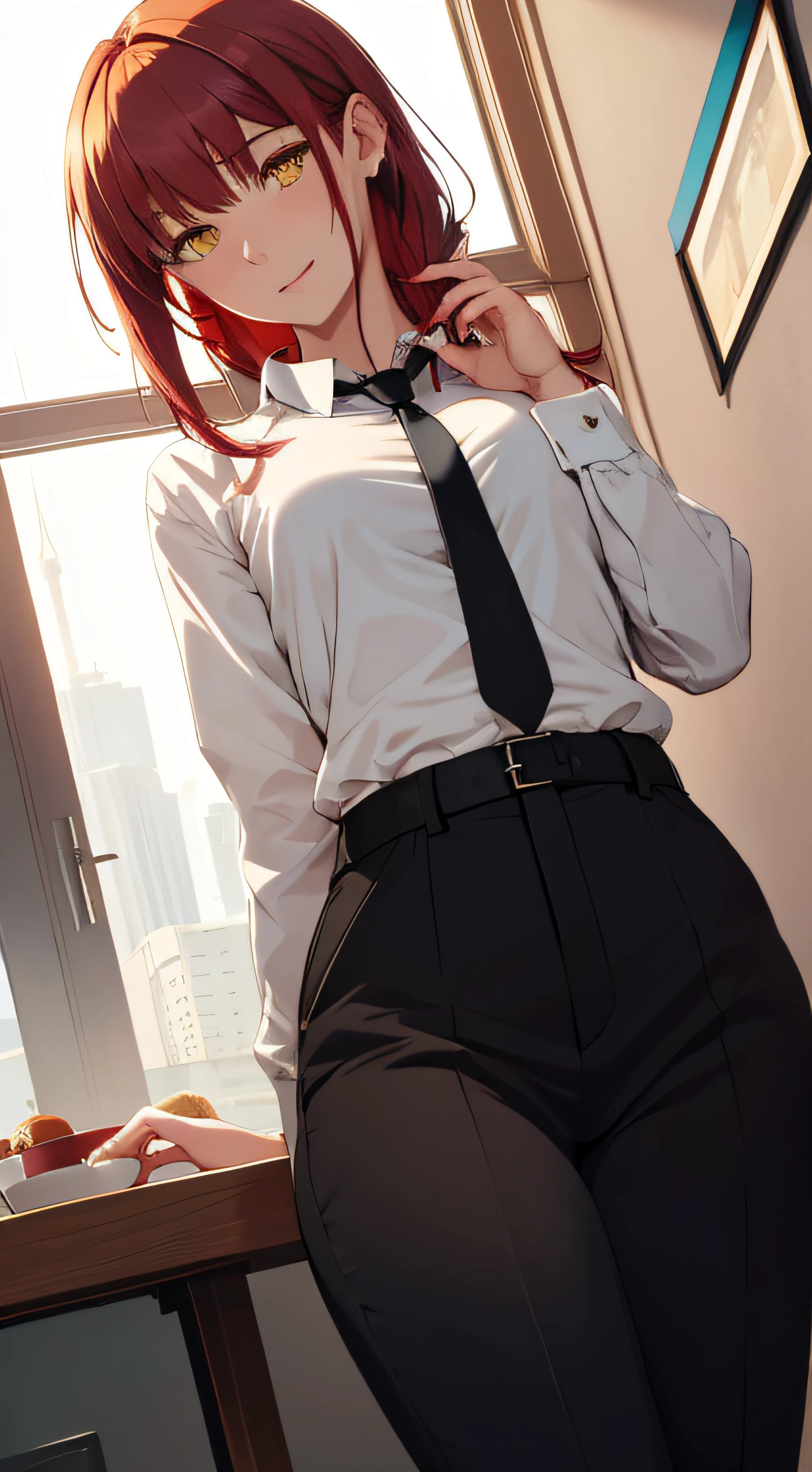 (masterpiece, best quality:1.2), solo, 1girl, red hair, yellow eyes, makima,, unbuttoned shirt with tie, on the chest, a lot of, black unbuttoned pants, wide hips, no panties, wet, hot.