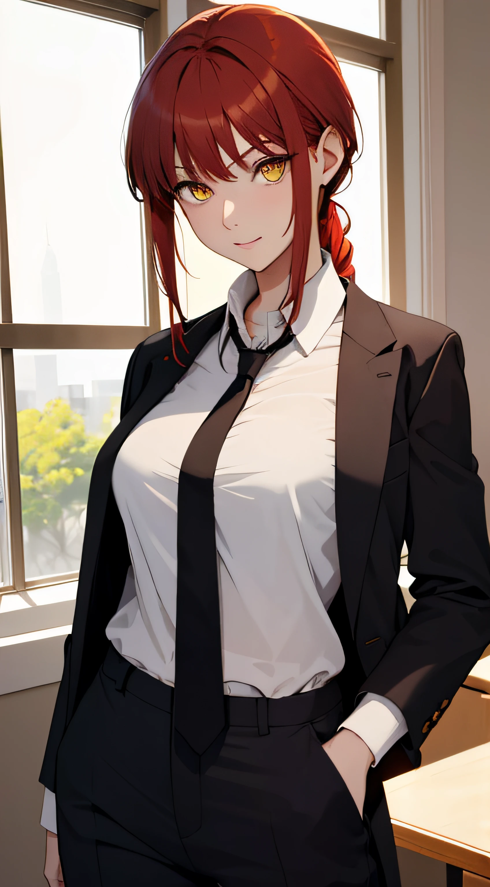 Medium and round breasts, she is a beautiful woman ((Makima)), (red hair, loose braid, with bangs and shine), double eyelids, yellow eyes, and detailed, hyper detailed, light effect on the eyes, detailed irises , sensual body, ((black suit, blouse, black pants, delicate, beautiful)) ((masterpiece, hyper realistic, hyper detailed, best quality, 16k, light and shadow on the skin, vivid colors) ), eyeliner , sensual expression, perfect lips, innocent and sexy face, ((skin with light and shadow), beautifully seductive and embarrassed woman, in love, all shy ((Makima is beautiful)), flirting with the viewer, beautiful, charming, ( pose of superiority, in the office hallway)