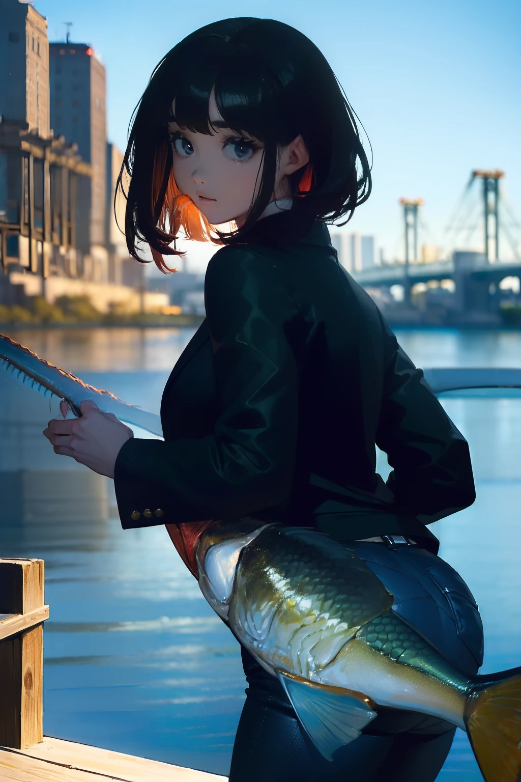 ((((Catching a huge fish by the lakeside:1.5)))),((Female 28 years old))((Best Quality:1.5)),(((Hands with the correct number and structure of fingers:1.4))),((Big fish:1.37)),hight resolution,ultra-detailliert,​masterpiece,best qualtiy,Eight-headed body,Black hair, long eyeslashes, Solid Circle Eyes, drop shadow, Atmospheric perspective,Super Detail, ccurate, small brest,(Black jacket and jeans :1.1),top-quality, blurry backround, bokeh dof:1.2, (​masterpiece:1.3),  Atmospheric perspective,Super Detail,dynamic compositions,top-quality、​masterpiece、Very beautiful CG、finely detail、​masterpiece