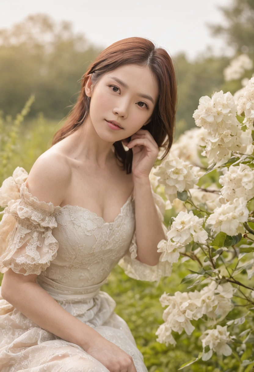 cleavage,Best quality, masterpiece, ultra high res, (photorealistic:1.4), raw photo, 1girl, white dress, off shoulder, blue flower field, glowing skin, light smile