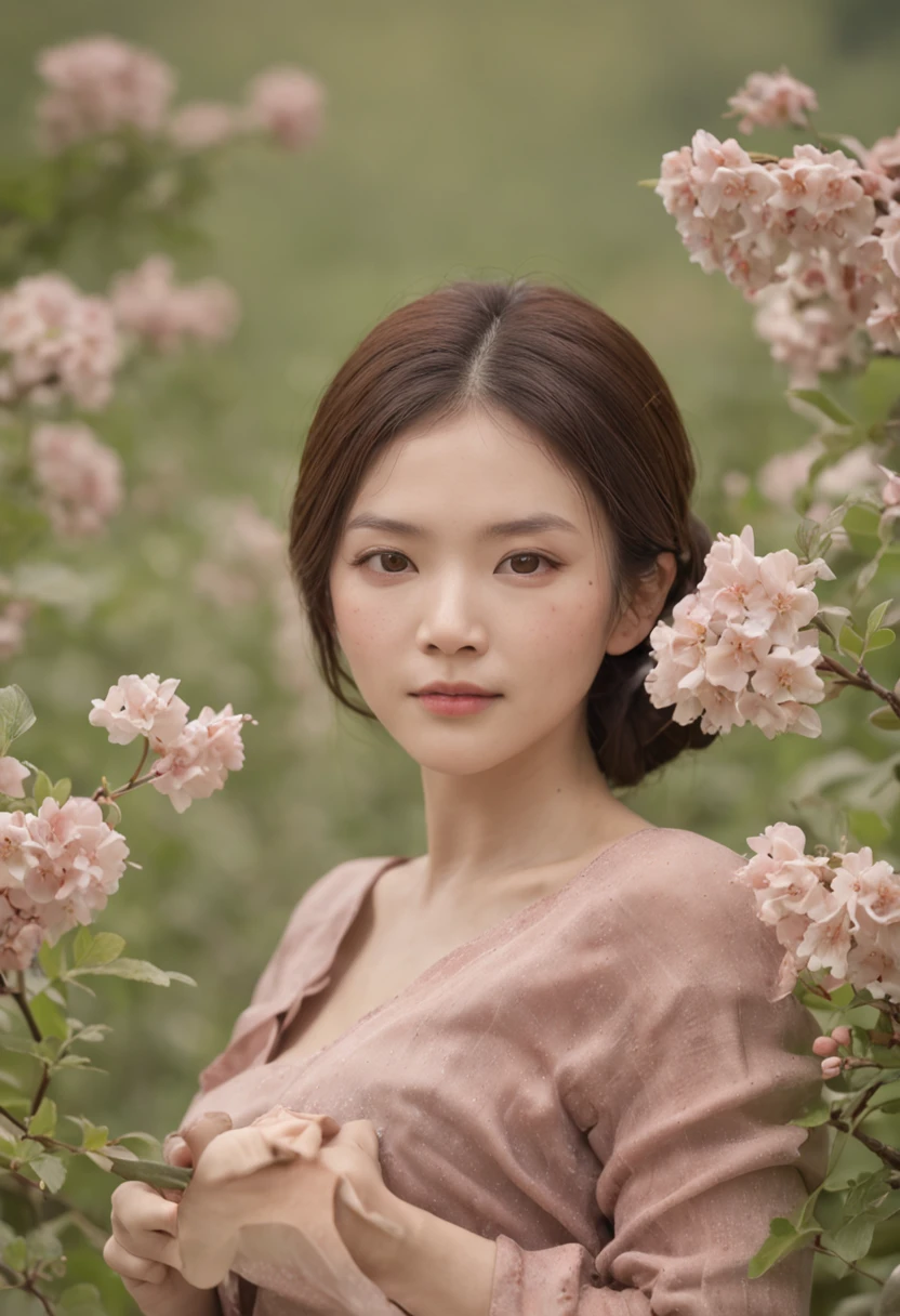 top-quality、​masterpiece、超A high resolution、(Photorealsitic:1.4)、Raw photo、Woman、50 generations、doress、off shoulders、flower  field、鎖骨、Beautiful Japan