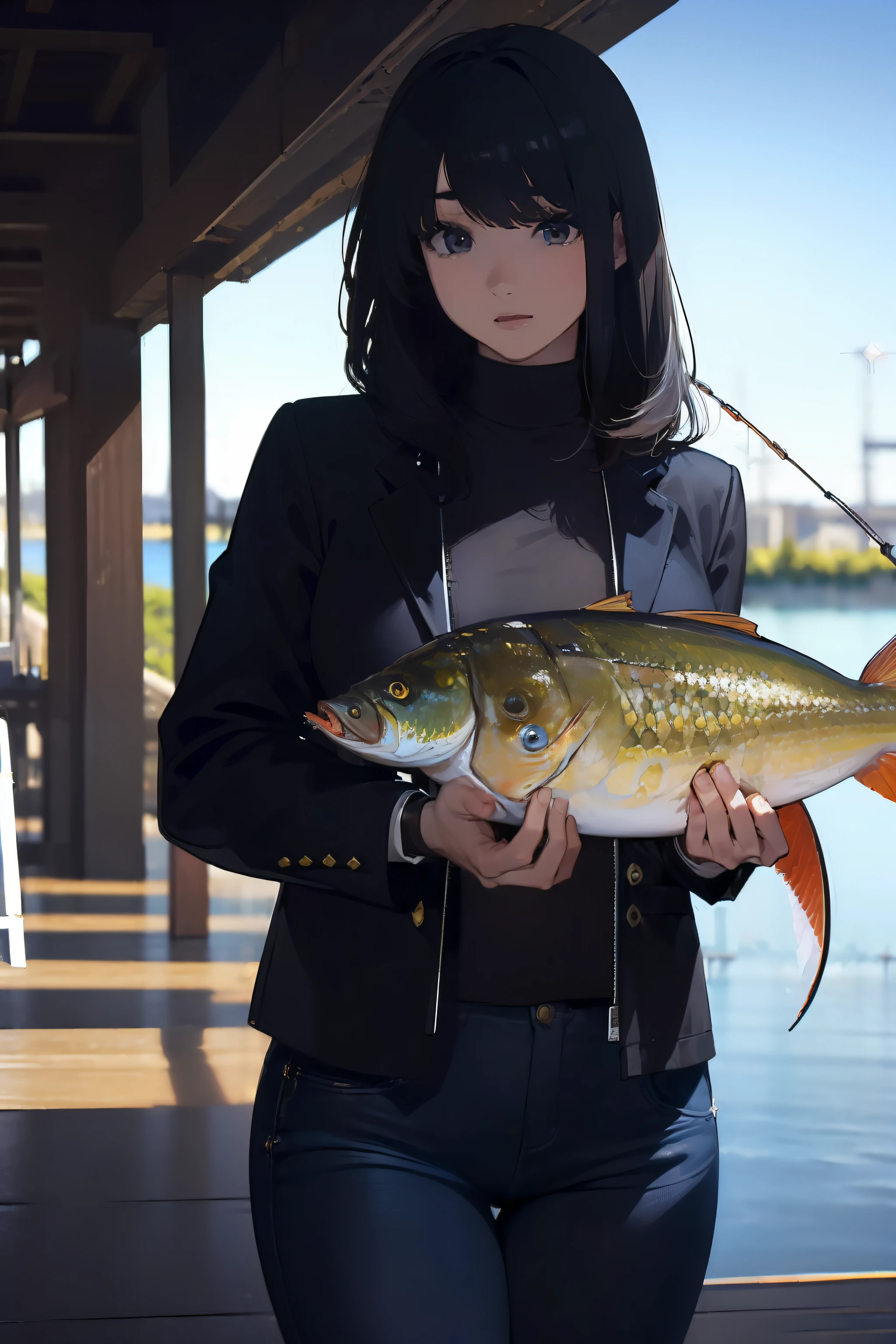 ((((Catching a huge fish by the lakeside:1.5)))),((Female 28 years old))((Best Quality:1.5)),(((Hands with the correct number and structure of fingers:1.4))),((Big fish:1.37)),hight resolution,ultra-detailliert,​masterpiece,best qualtiy,Eight-headed body,Black hair, long eyeslashes, Solid Circle Eyes, drop shadow, Atmospheric perspective,Super Detail, ccurate, small brest,(Black jacket and jeans :1.1),top-quality, blurry backround, bokeh dof:1.2, (​masterpiece:1.3),  Atmospheric perspective,Super Detail,dynamic compositions,top-quality、​masterpiece、Very beautiful CG、finely detail、​masterpiece