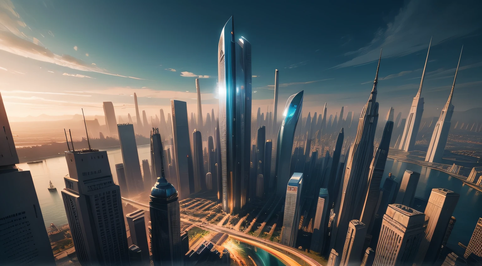 a wide shot of a futuristic city metropolis day
