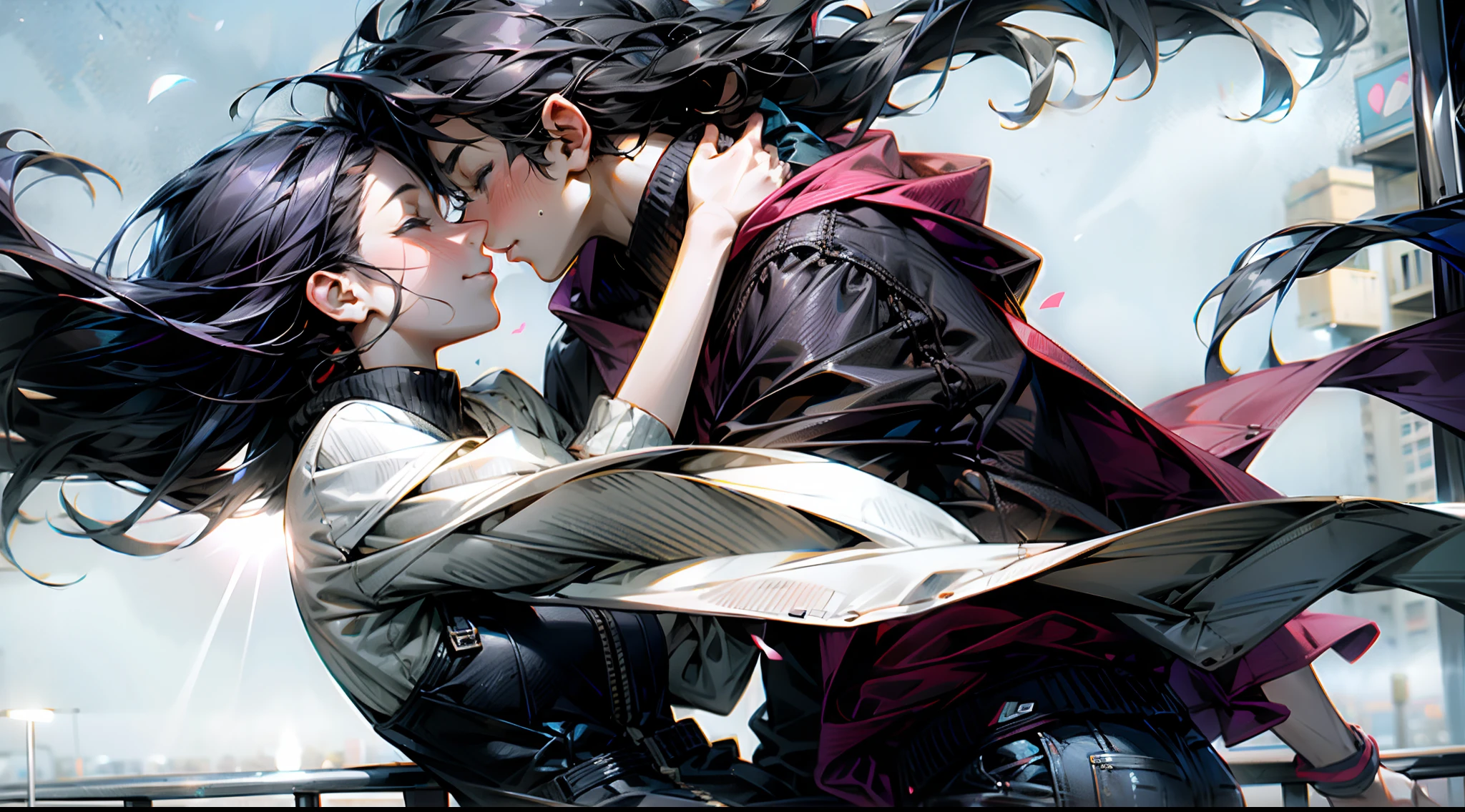 Modern love，Couple kissing sweetly in the wind