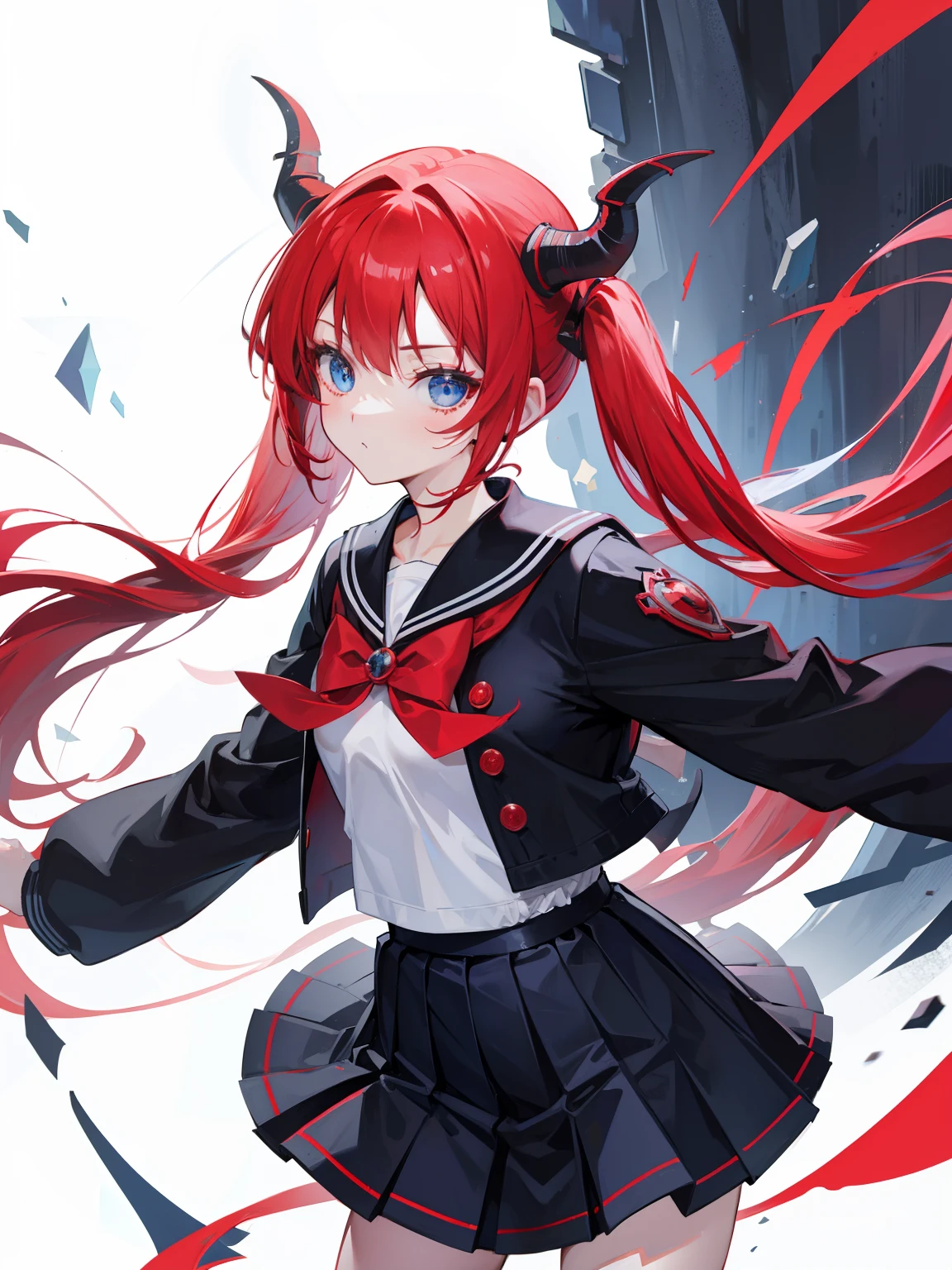 red hair, blue eyes, twintails, Sailor suit,black coat, Dragon horns,Pleated skirt,solo,li,cute,bow