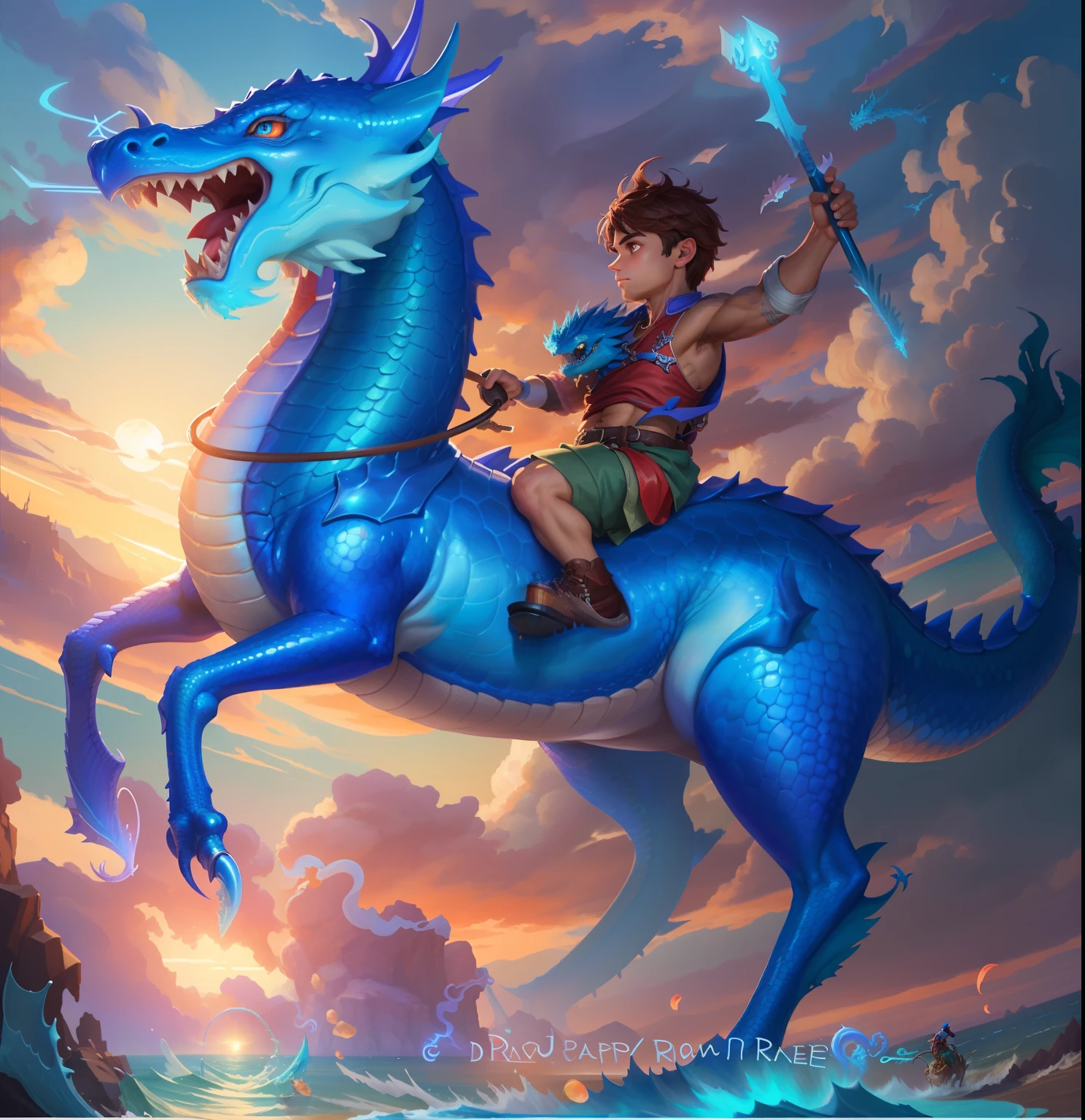 Close-up of a male cake riding a blue dragon on the beach, Dragon Rider, Dragon Ride, Merfolk riding water horse, teenage girl riding a dragon, digital painting greek mythology, Dragon Boy, Fat Dragon vs. Rider, By Jason Chan, android jones and rhads, By Jeremy Chong, Rob Ray, Joe Biden rides a dragon, Mythical Creatures