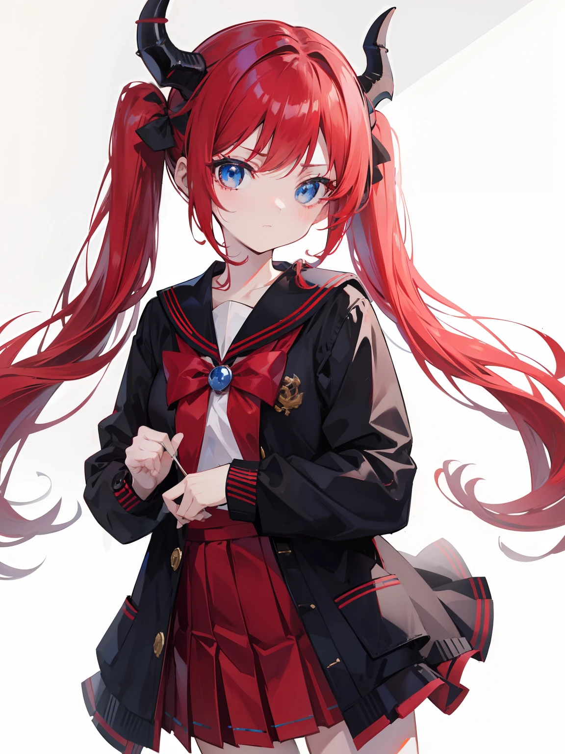 red hair, blue eyes, twintails, Sailor suit,black coat, Dragon horns,Pleated skirt,solo,****,cute,bow