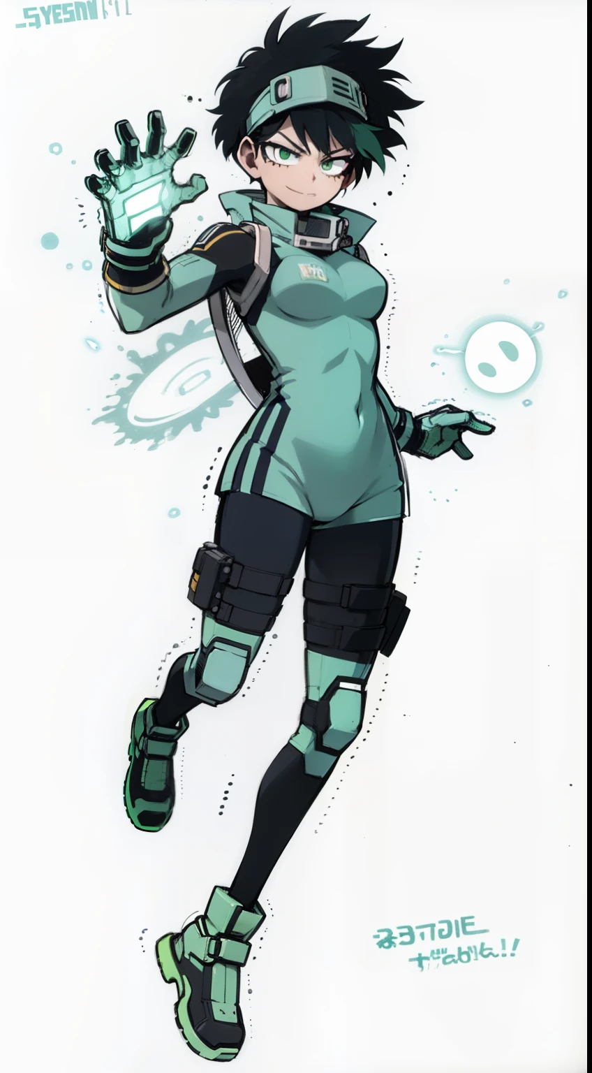 My Hero Academia style, anime Girl, female, trending on artstation pixiv, (full body shot:0.5), wide hips, wide thighs, large breast, Izuku Midoriya, Hero Suit, Full Body Suit, Neon Green Suit with Black Lines, Black Booties with Neon Green Accents, mechanical right gloves, green eyes, green hair, short hair, curly hair, wide smile, super detailed, perfect anatomy,