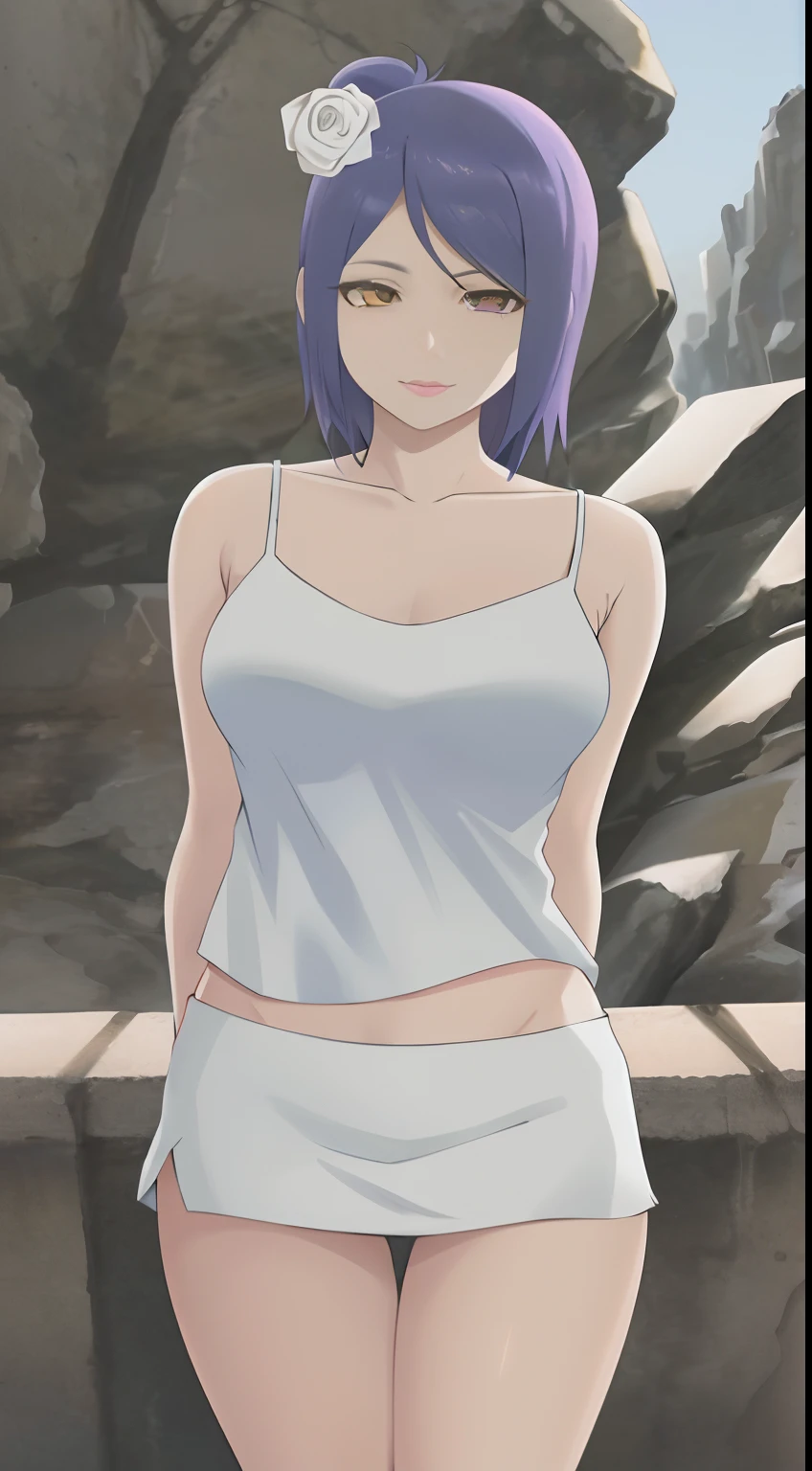 Anime girl with purple hair and white top standing on windowsill, seductive anime girls, Misato Katsuragi, in the anime film, Clothing that exposes, cell shaded adult animation, beautiful and seductive anime woman, inspired by Rei Kamoi, beautiful alluring anime teen, In the anime, violet tight tanktop, inspired by Kusumi Morikage