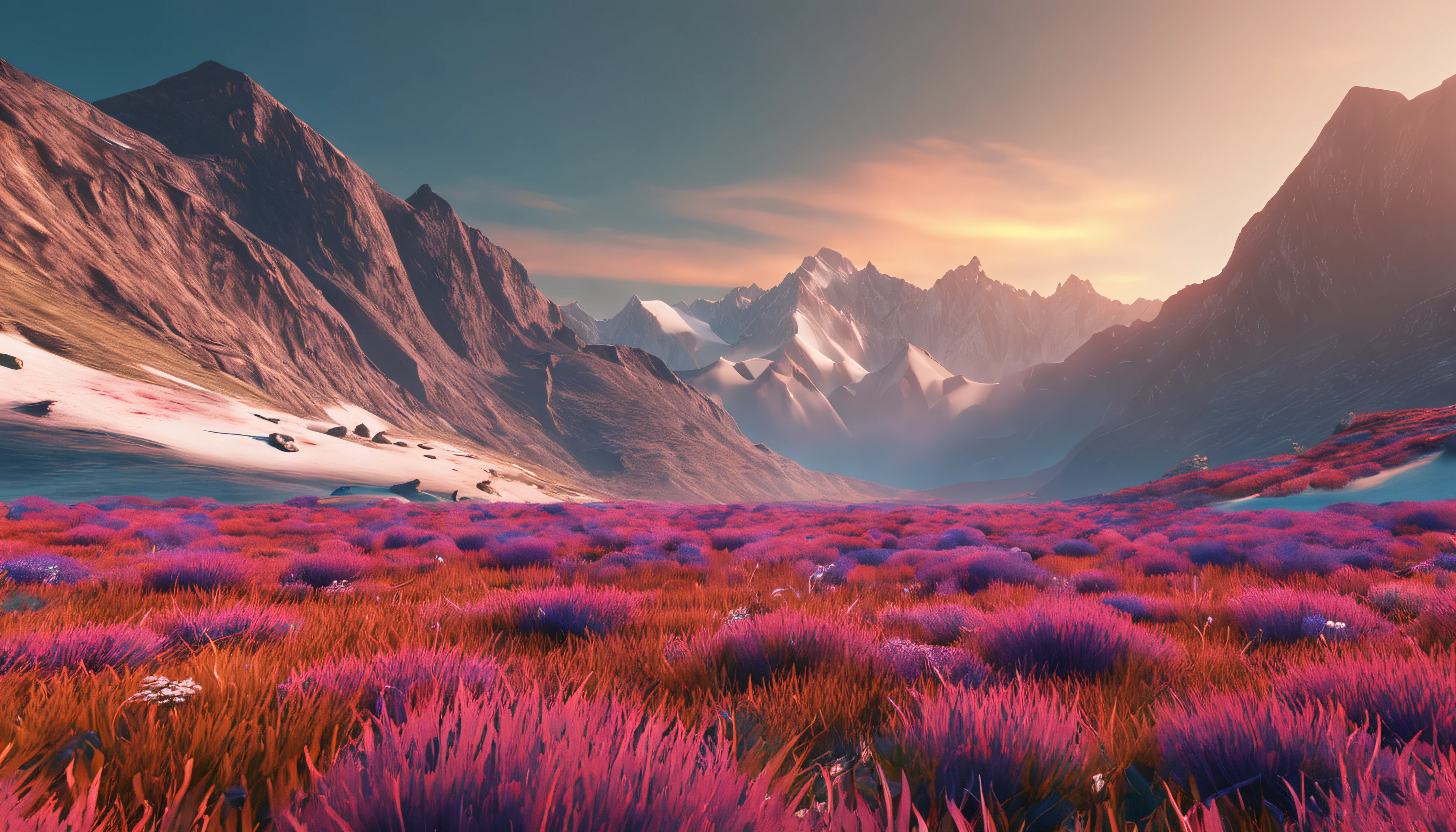 Vast grasslands, Colorful flowers, Clear lake, Quantity, sky, big clouds, blue-sky, hot weather, HD detail, Hyper Detail, Cinematics, hyperrealism, Soft light, deep field focus bokeh, The distant landscape is snow-capped mountains, --v6