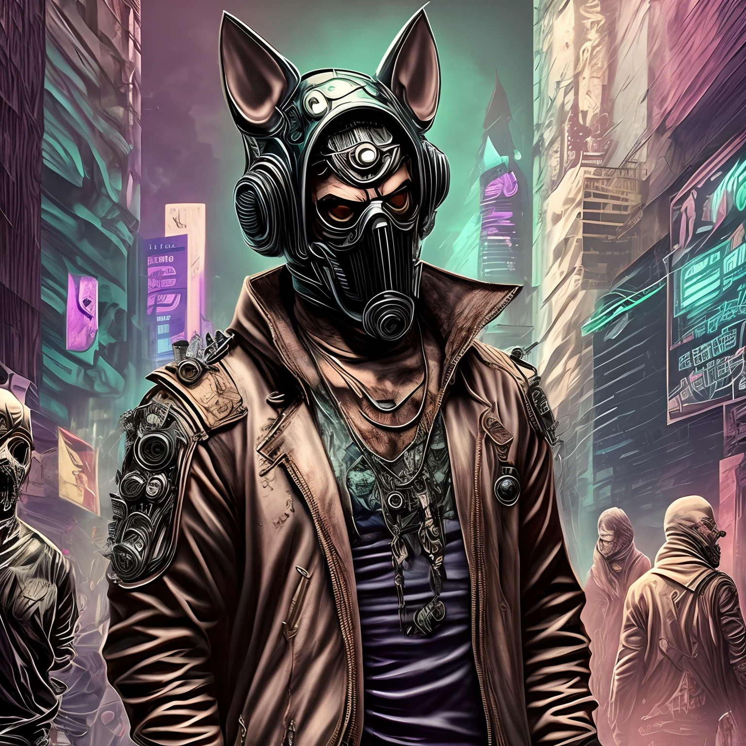 Cyberpunk style, psicodelic, intrincado, hyper detalhado, Group of gangsters with zombie dog mask.