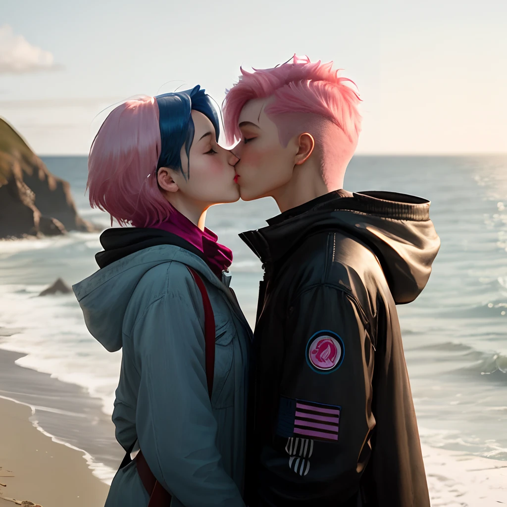 A girl with long blue hair and a girl with short pink hair kiss on the coast