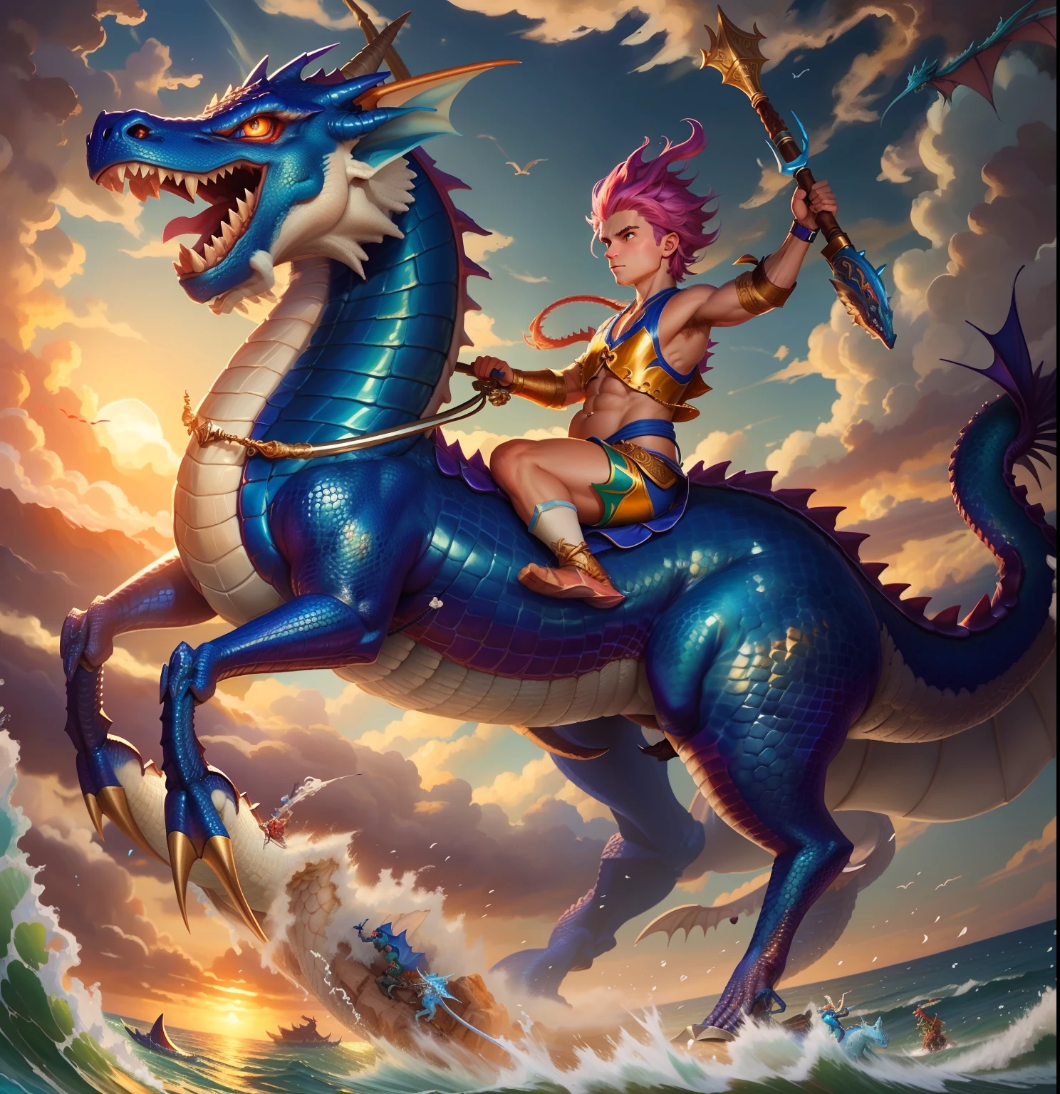 Close-up of a male cake riding a blue dragon on the beach, Dragon Rider, Dragon Ride, Merfolk riding water horse, teenage girl riding a dragon, digital painting greek mythology, Dragon Boy, Fat Dragon vs. Rider, By Jason Chan, android jones and rhads, By Jeremy Chong, Rob Ray, Joe Biden rides a dragon, Mythical Creatures